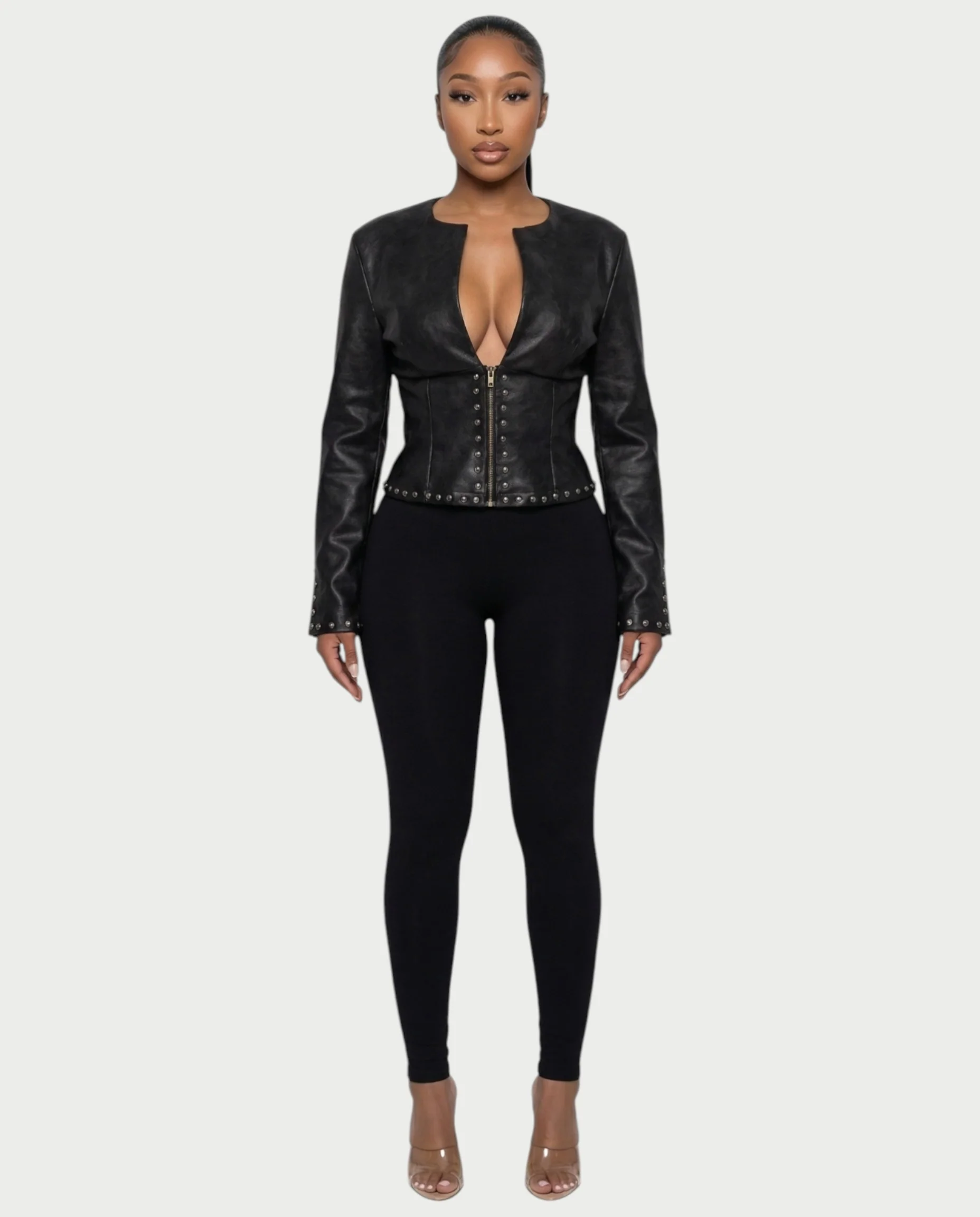 CORRY Studded Zip Leather Jacket - Image 9