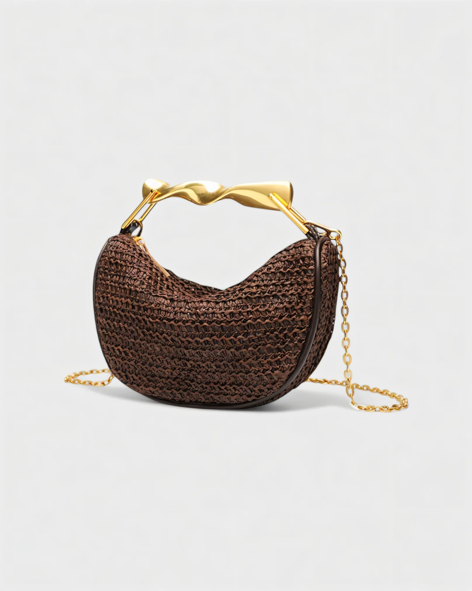 CRESSIDA Woven Half Moon Handbag with Gold Swirl Handle - Image 3