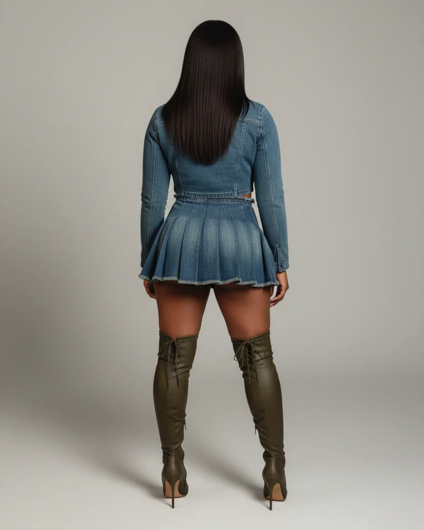 DANIELA Cropped Denim Jacket & Pleated Mini Skirt Set - Image 4