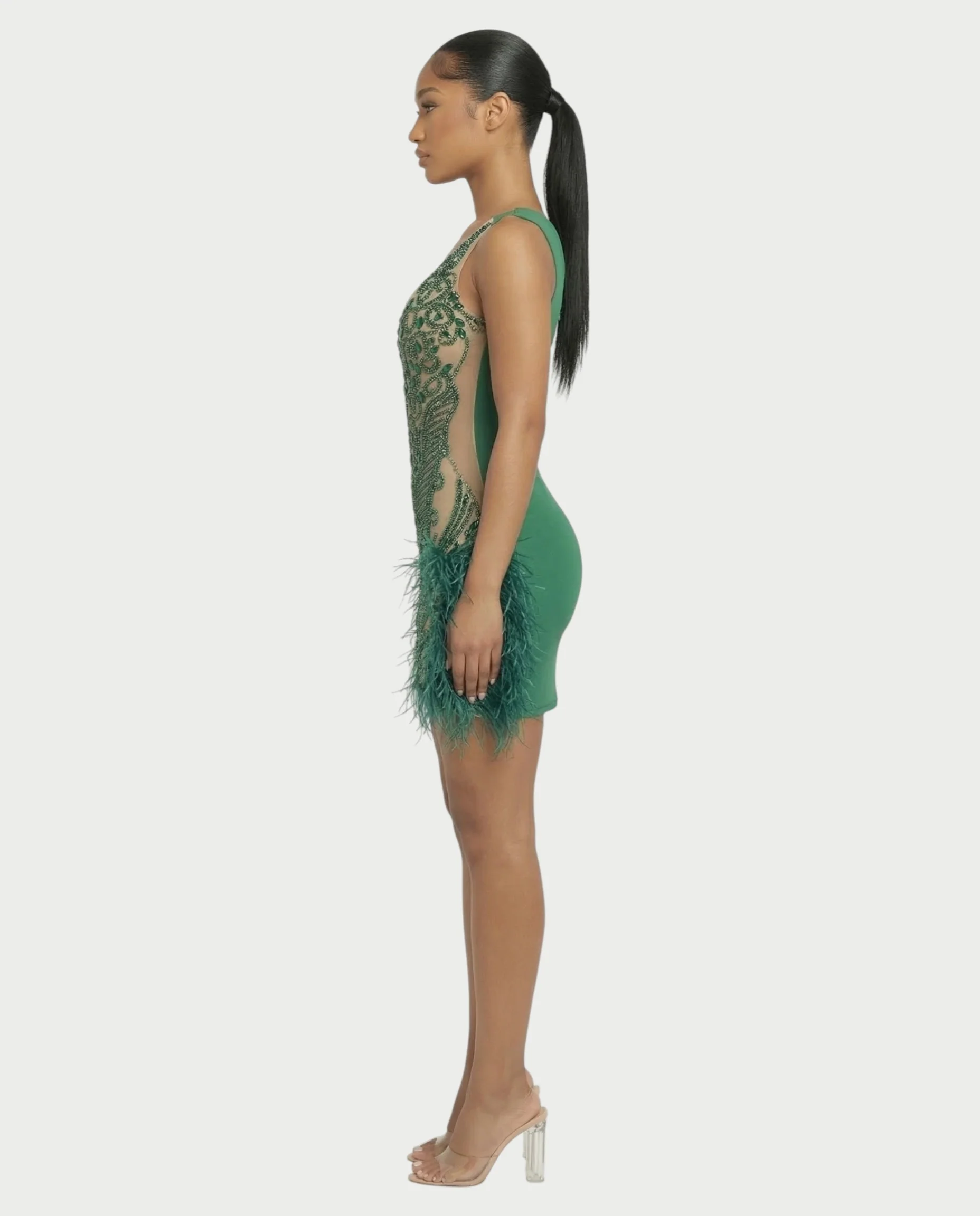 DARIA Emerald Crystal Feather Trim Mini Dress - Image 3