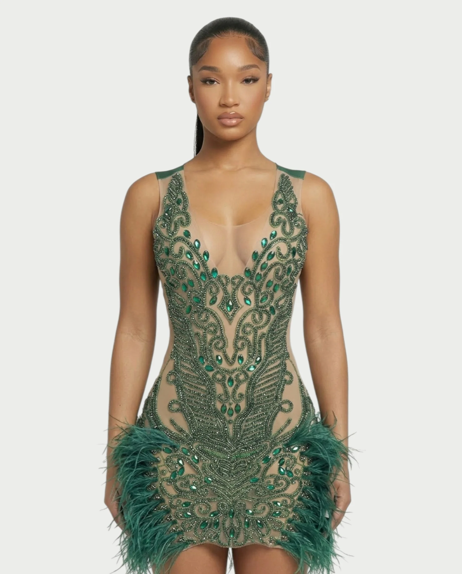 DARIA Emerald Crystal Feather Trim Mini Dress - Image 4