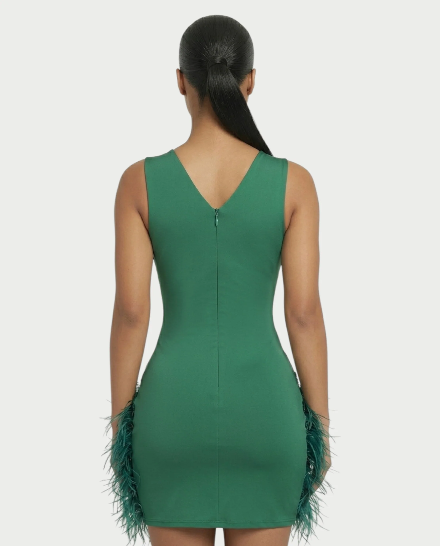 DARIA Emerald Crystal Feather Trim Mini Dress - Image 5