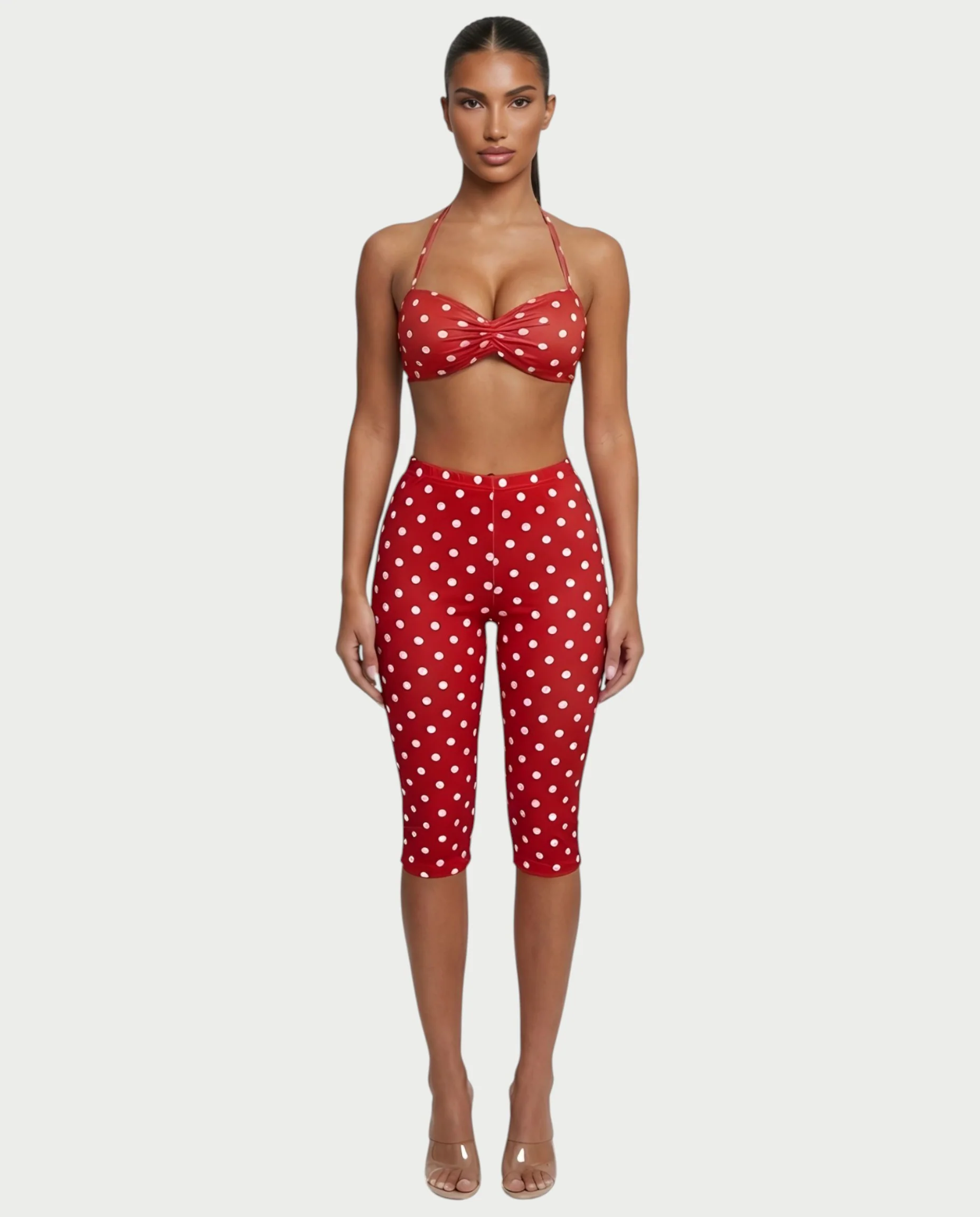 DARYA Polka Dot Bandeau Halter Top & Capri Pants Set