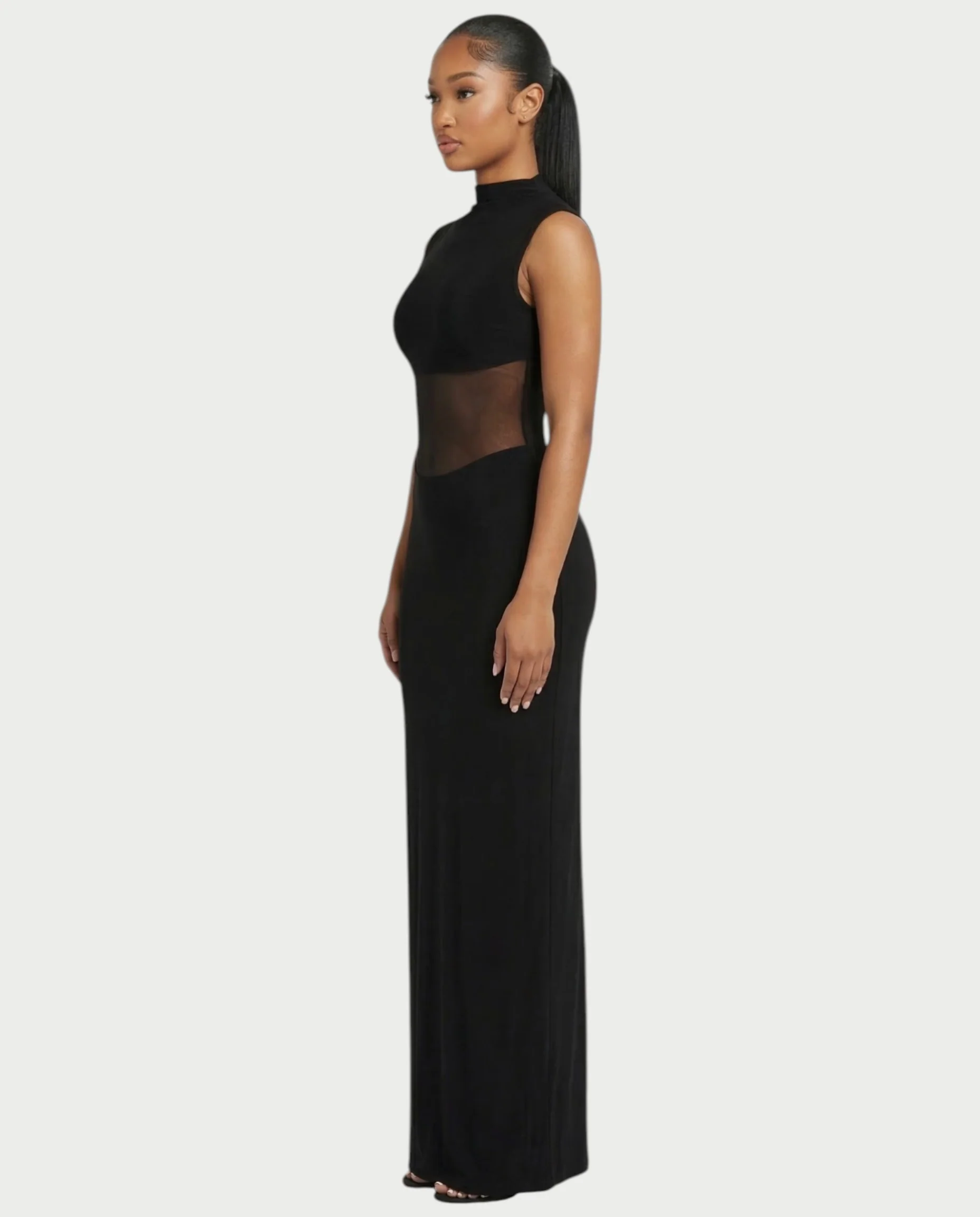 DELTA Sheer Panel Mock-Neck Bodycon Maxi Dress - Image 3