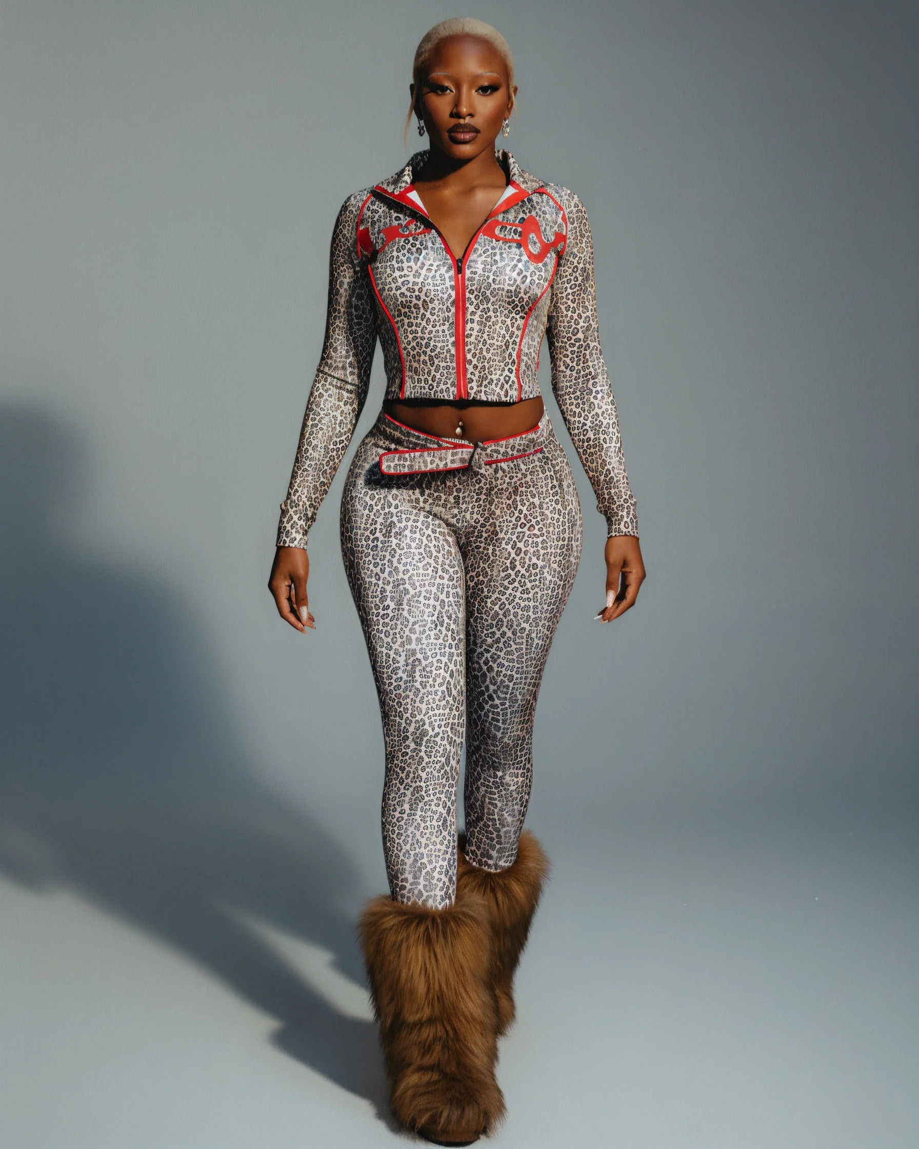 DELYSSA Leopard Cropped Jacket Top & Pants Set