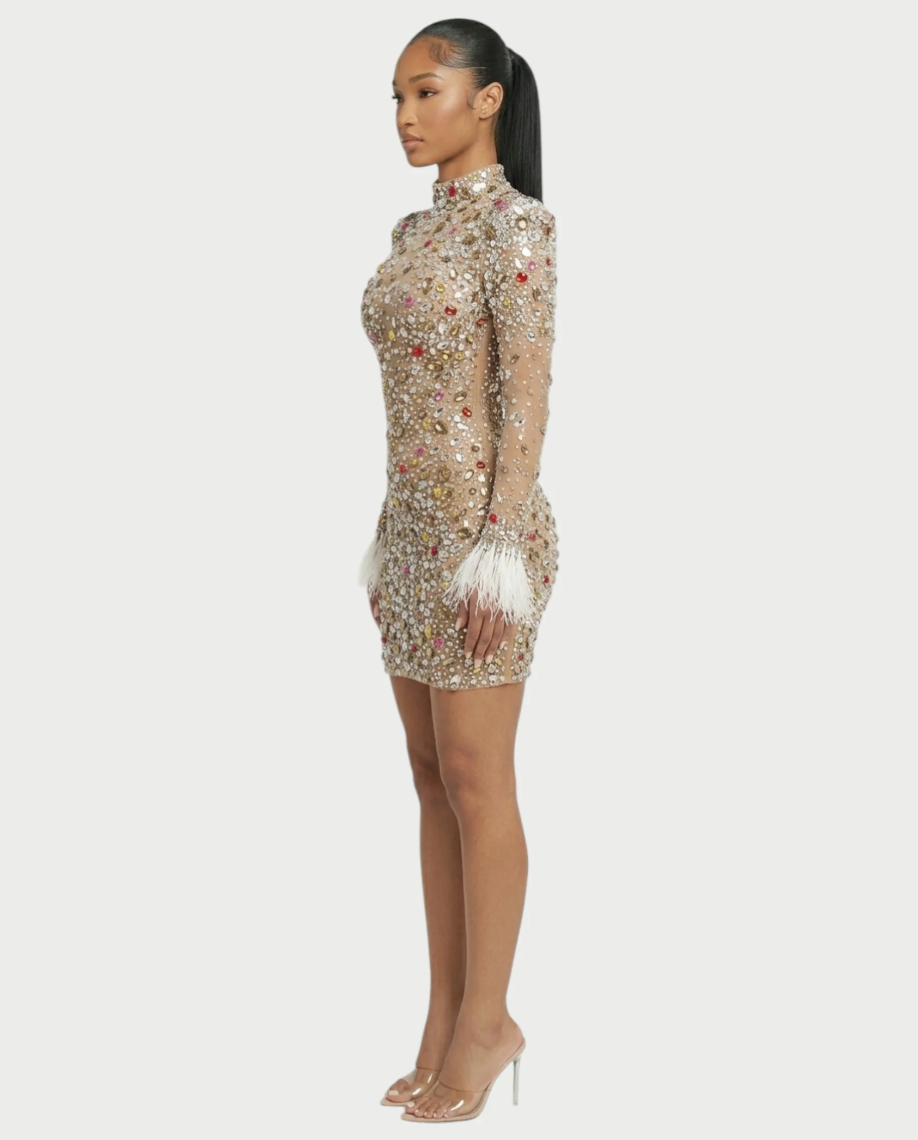DIMERY Jeweled Feather Cuffs Mesh Mini Dress - Image 3