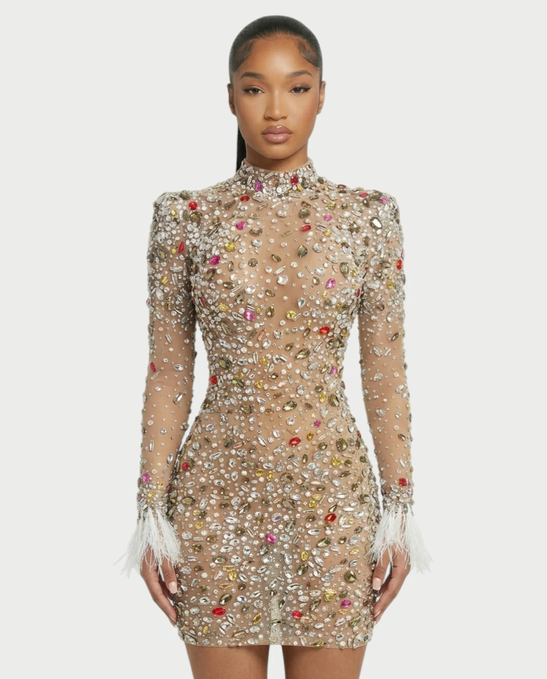 DIMERY Jeweled Feather Cuffs Mesh Mini Dress - Image 4
