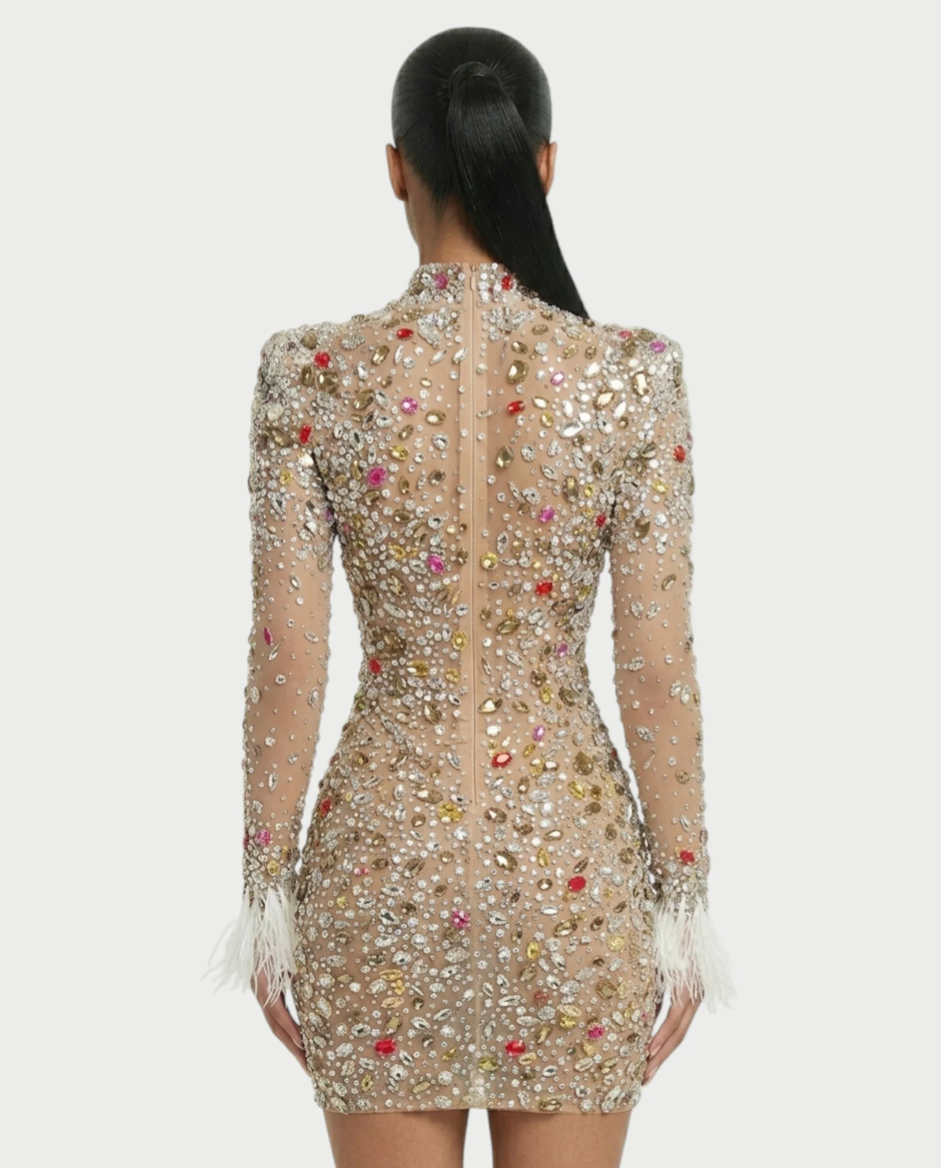 DIMERY Jeweled Feather Cuffs Mesh Mini Dress - Image 5