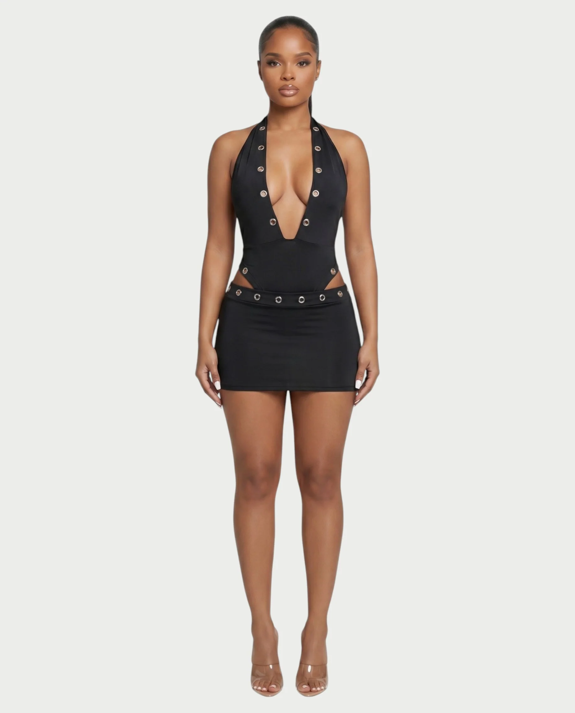 ELARIA Halter Plunge Bodysuit & Mini Skirt Set