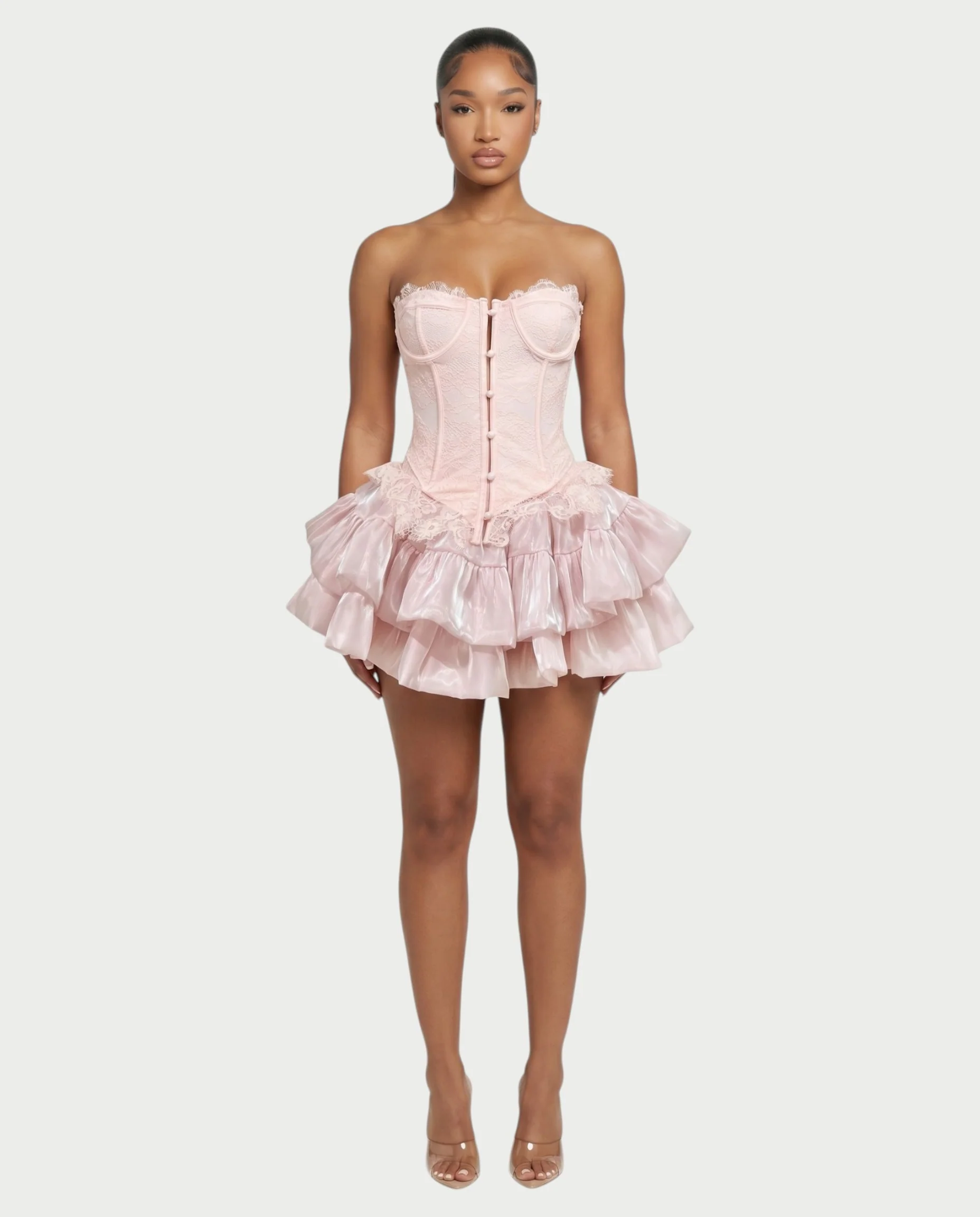ELAROSE Satin Ruffle Mini Skirt & Lace Corset Top Set