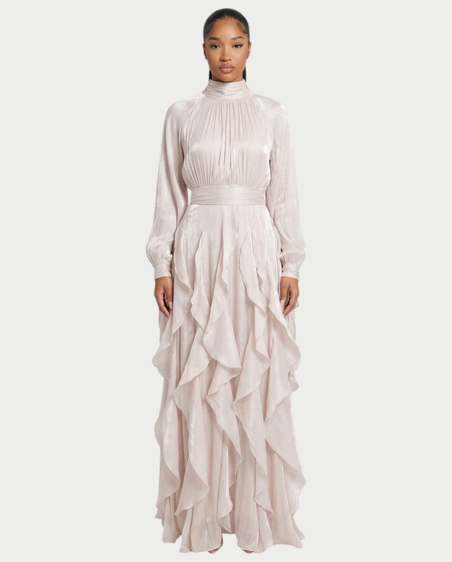 ELMA High-Neck Draped Ruffle Maxi Dress