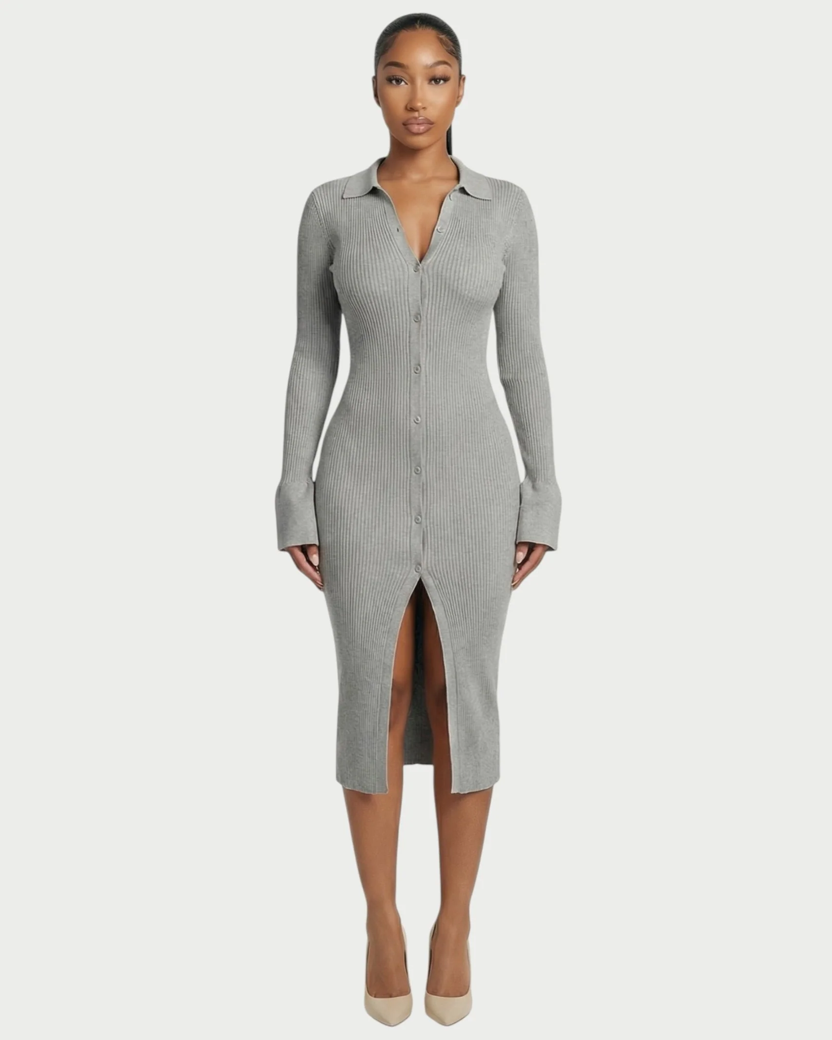 ELYSIA Ribbed Knit Collared Midi Dress - Image 11