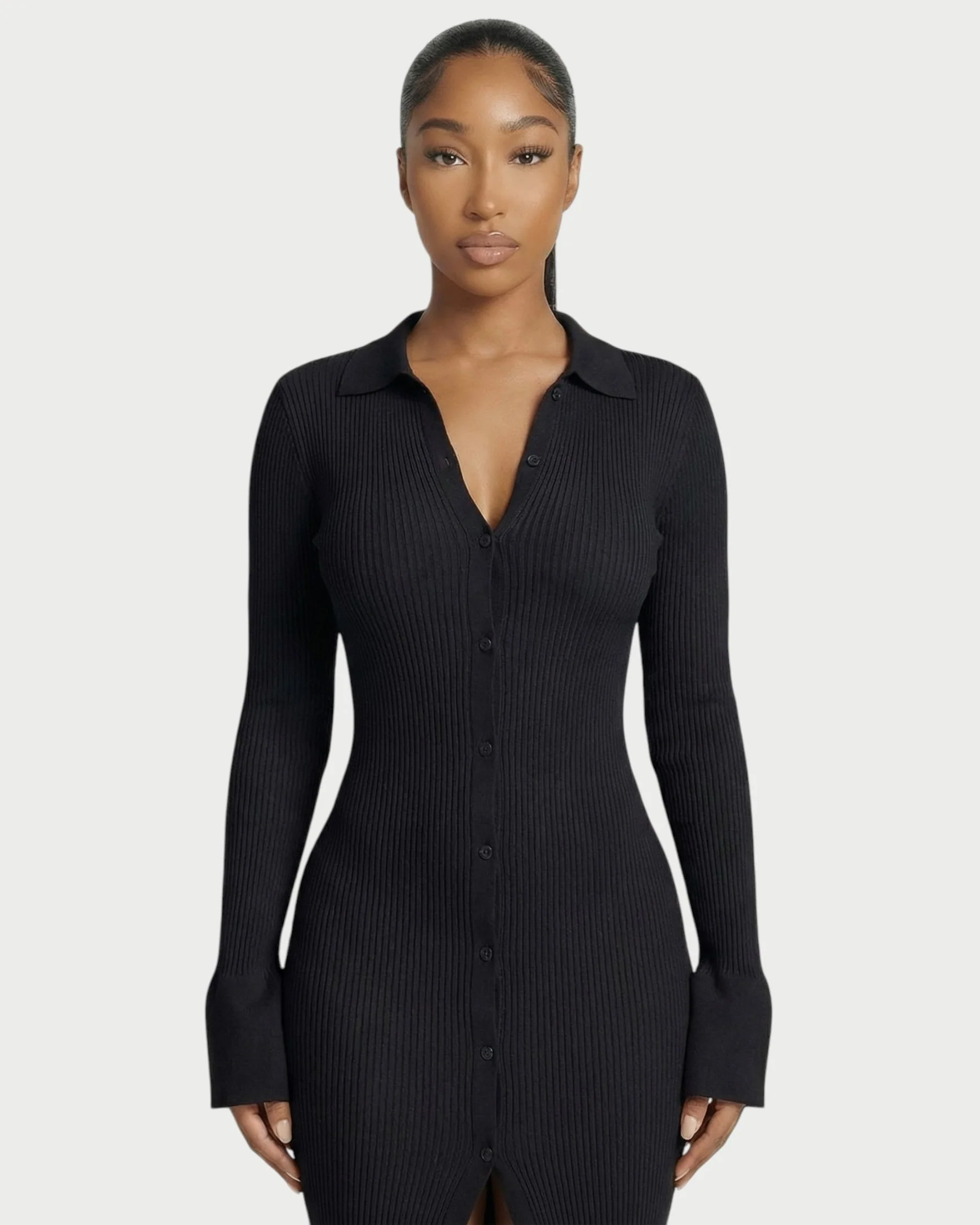 ELYSIA Ribbed Knit Collared Midi Dress - Image 7