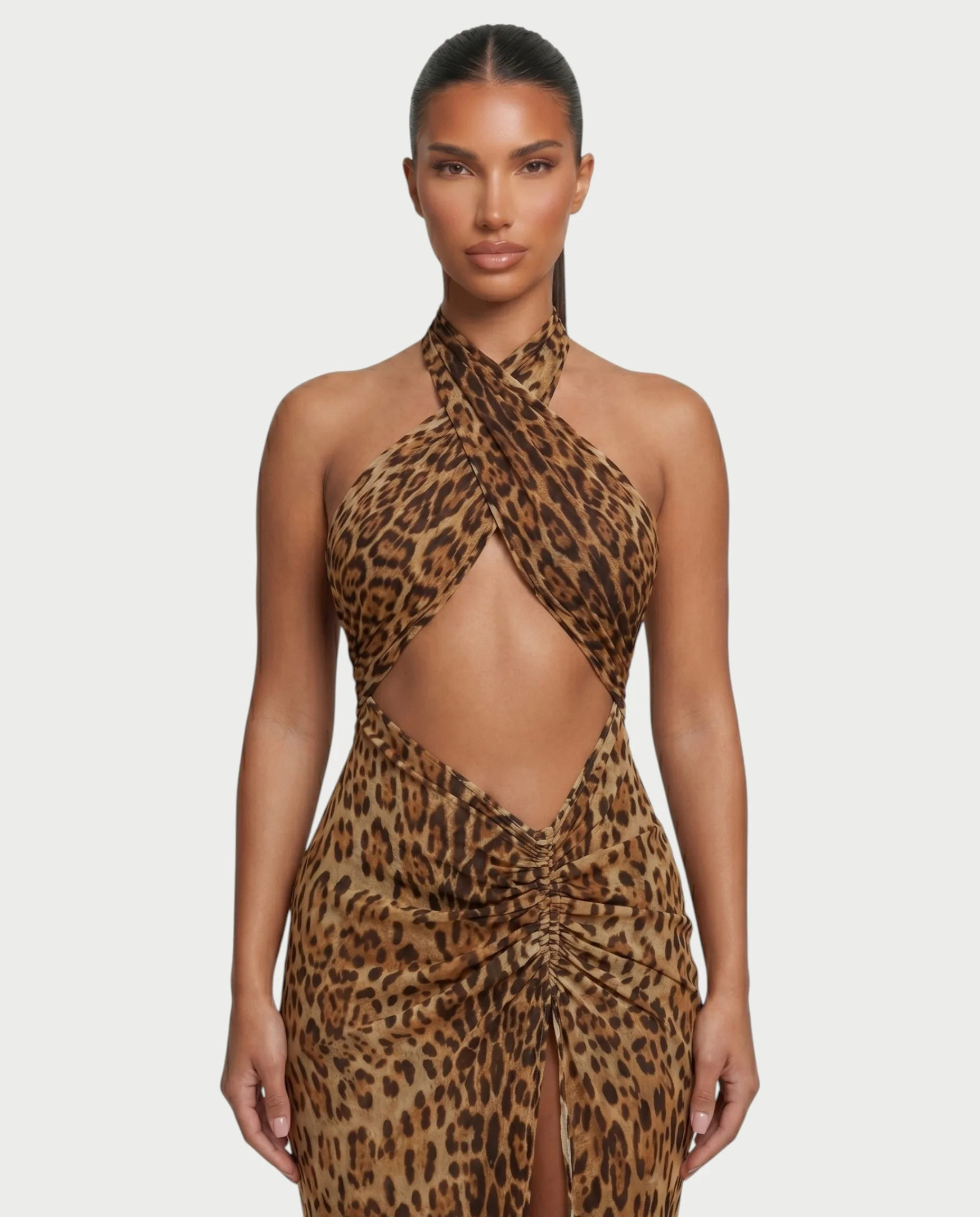 EMPRESS Leopard Print Halter Neck Slit Maxi Dress - Image 4