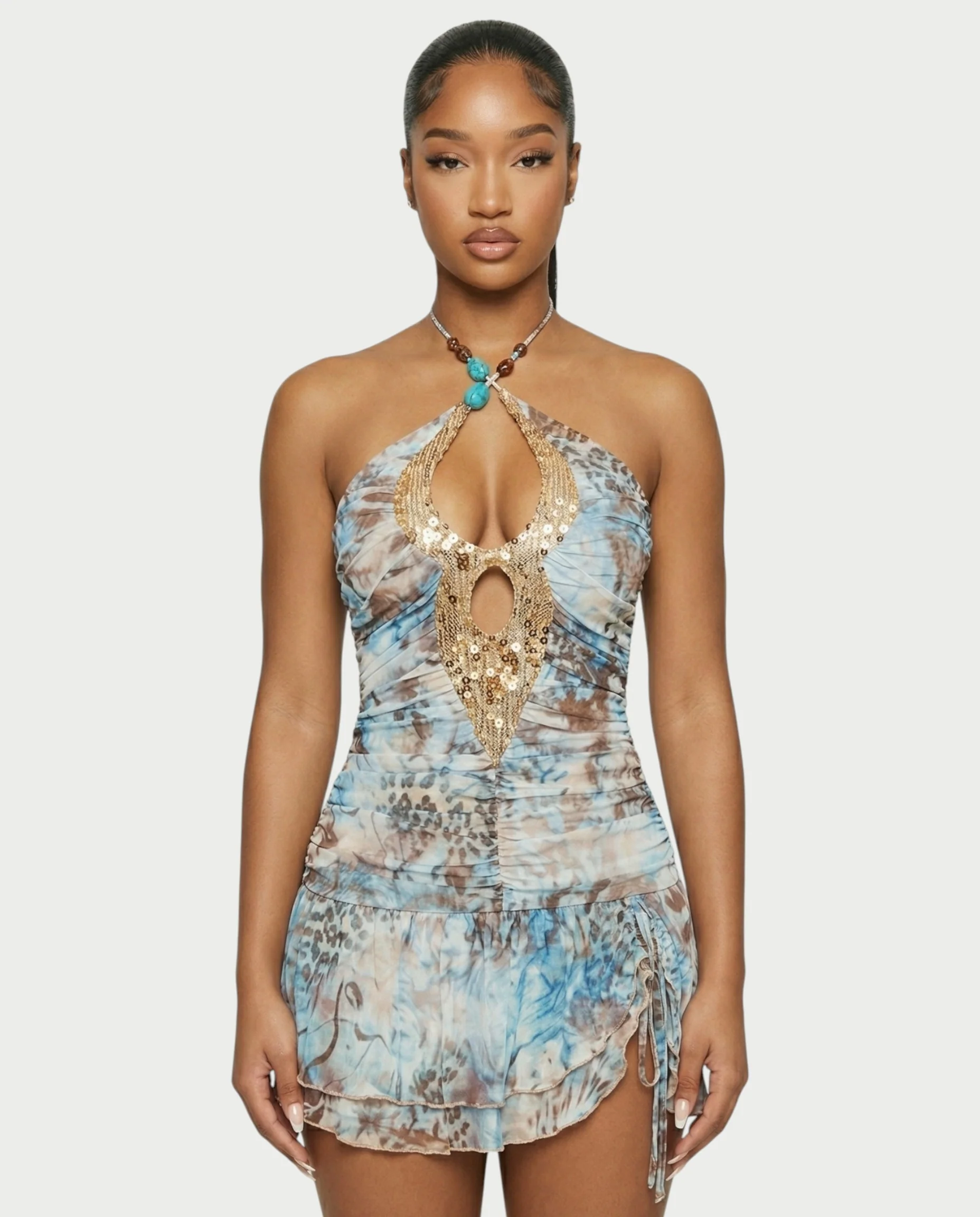 ENARA Sequin Ruched Cutout Bodycon Mini Dress - Image 4