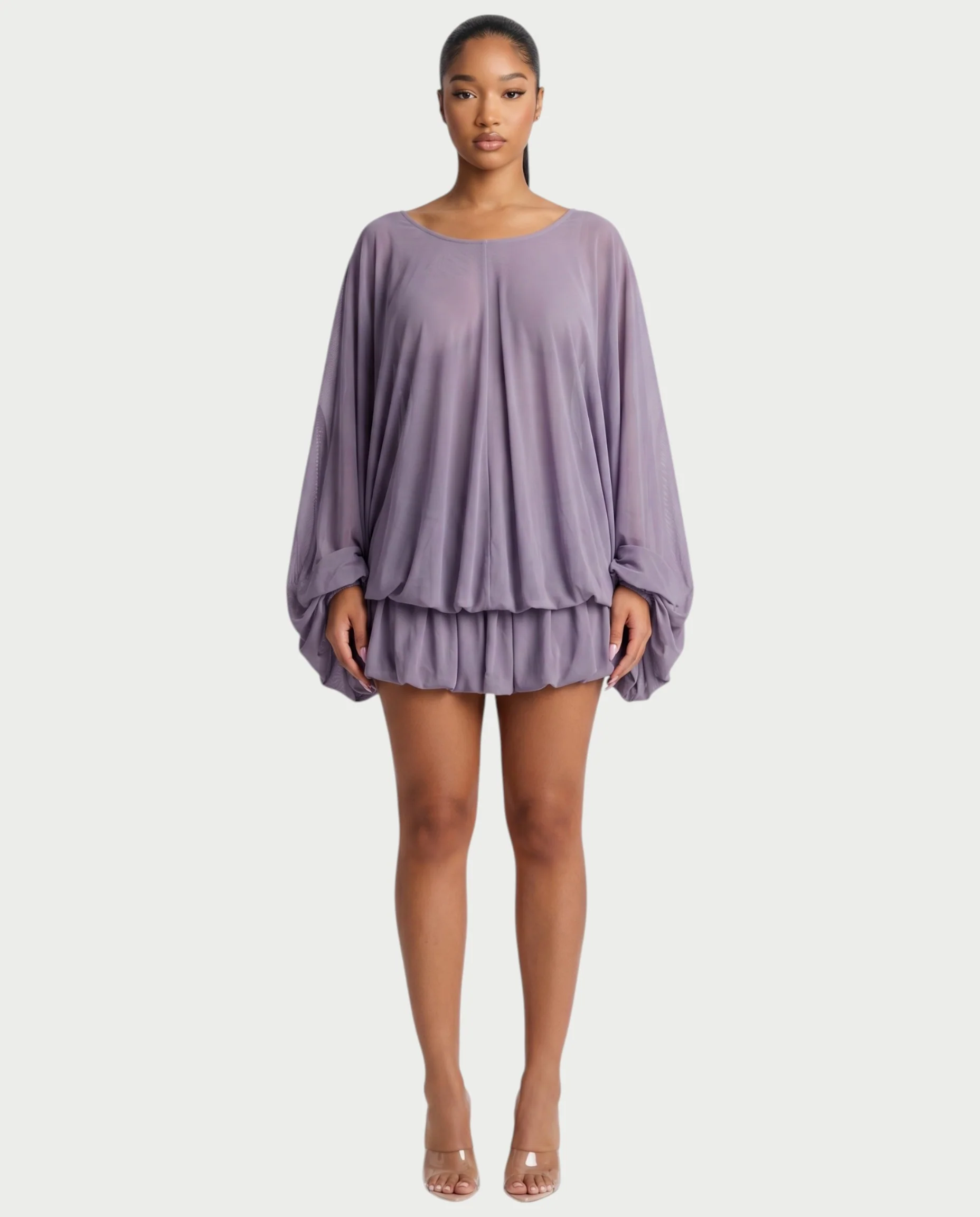 ERELA Mesh Open-Back Draped Balloon Sleeve Mini Dress