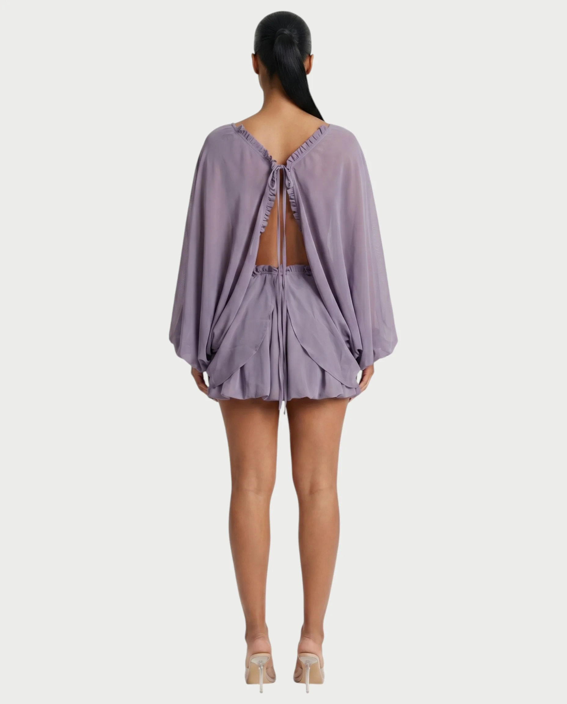 ERELA Mesh Open-Back Draped Balloon Sleeve Mini Dress - Image 2