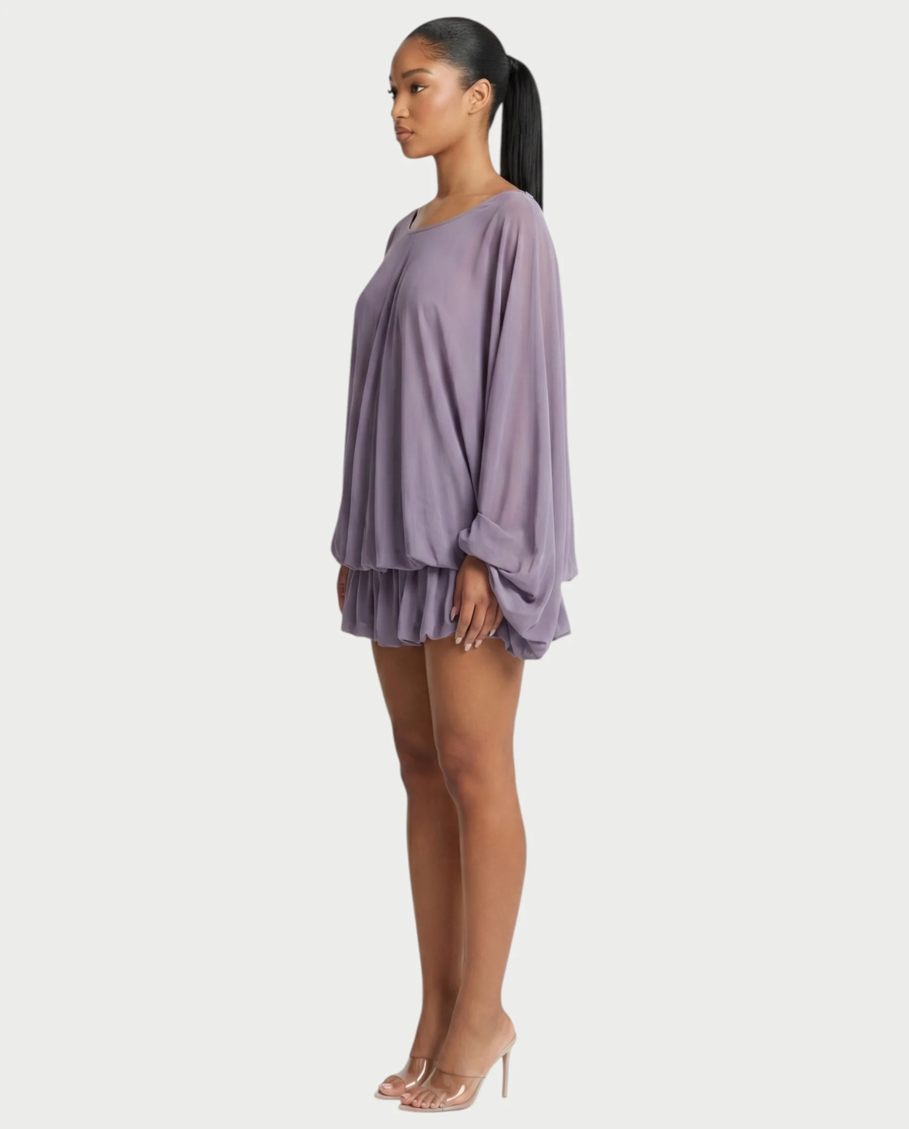 ERELA Mesh Open-Back Draped Balloon Sleeve Mini Dress - Image 3