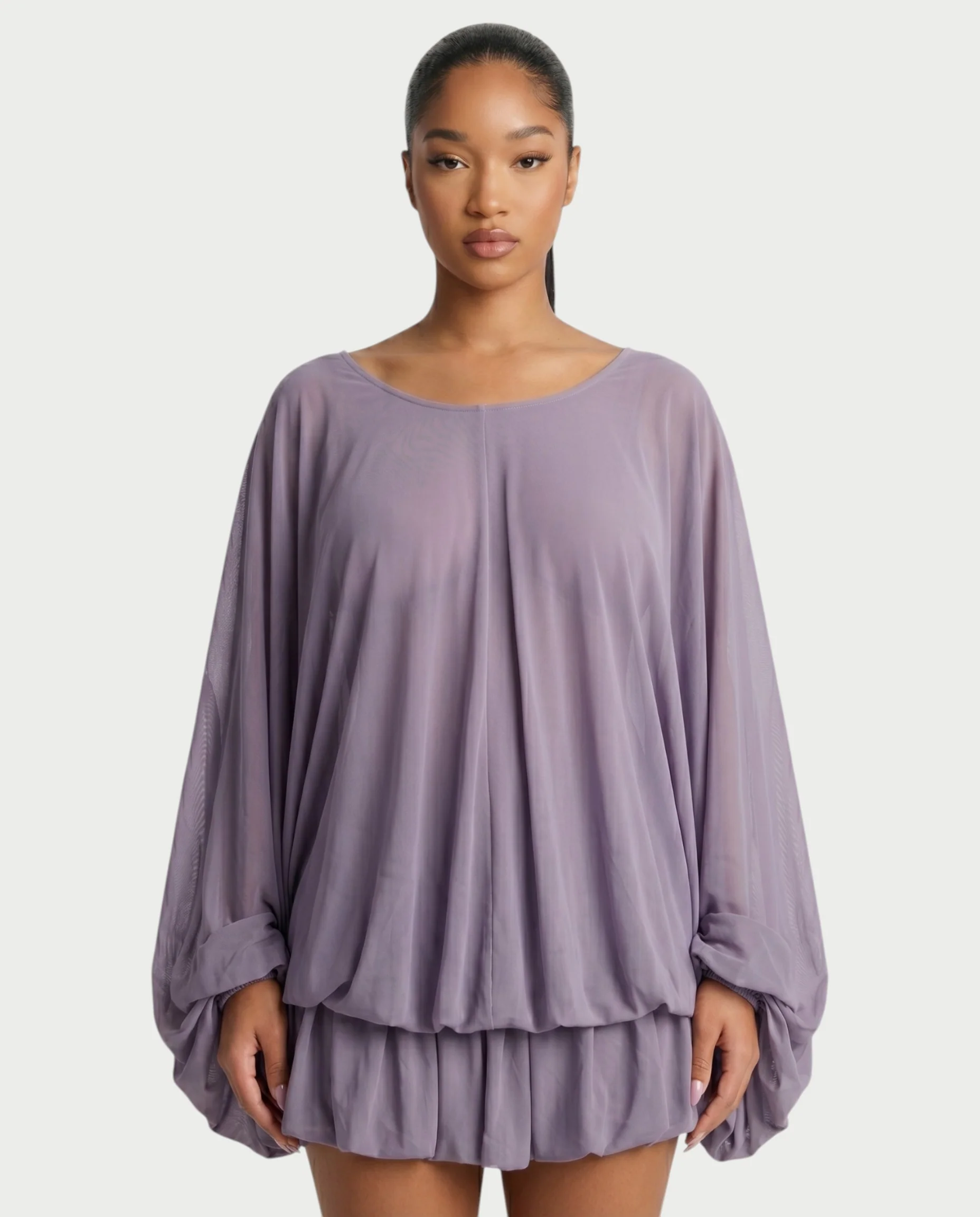 ERELA Mesh Open-Back Draped Balloon Sleeve Mini Dress - Image 4