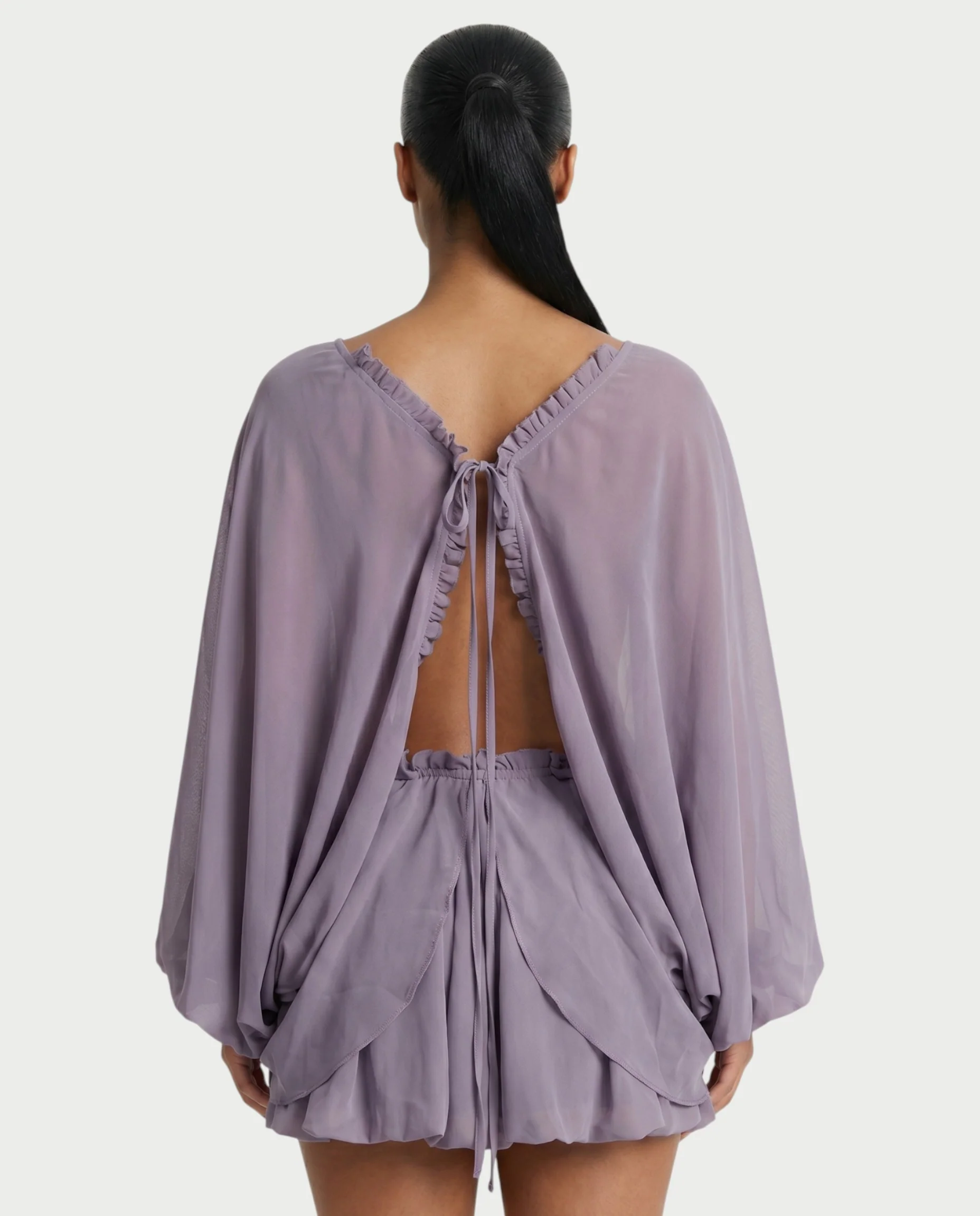 ERELA Mesh Open-Back Draped Balloon Sleeve Mini Dress - Image 5