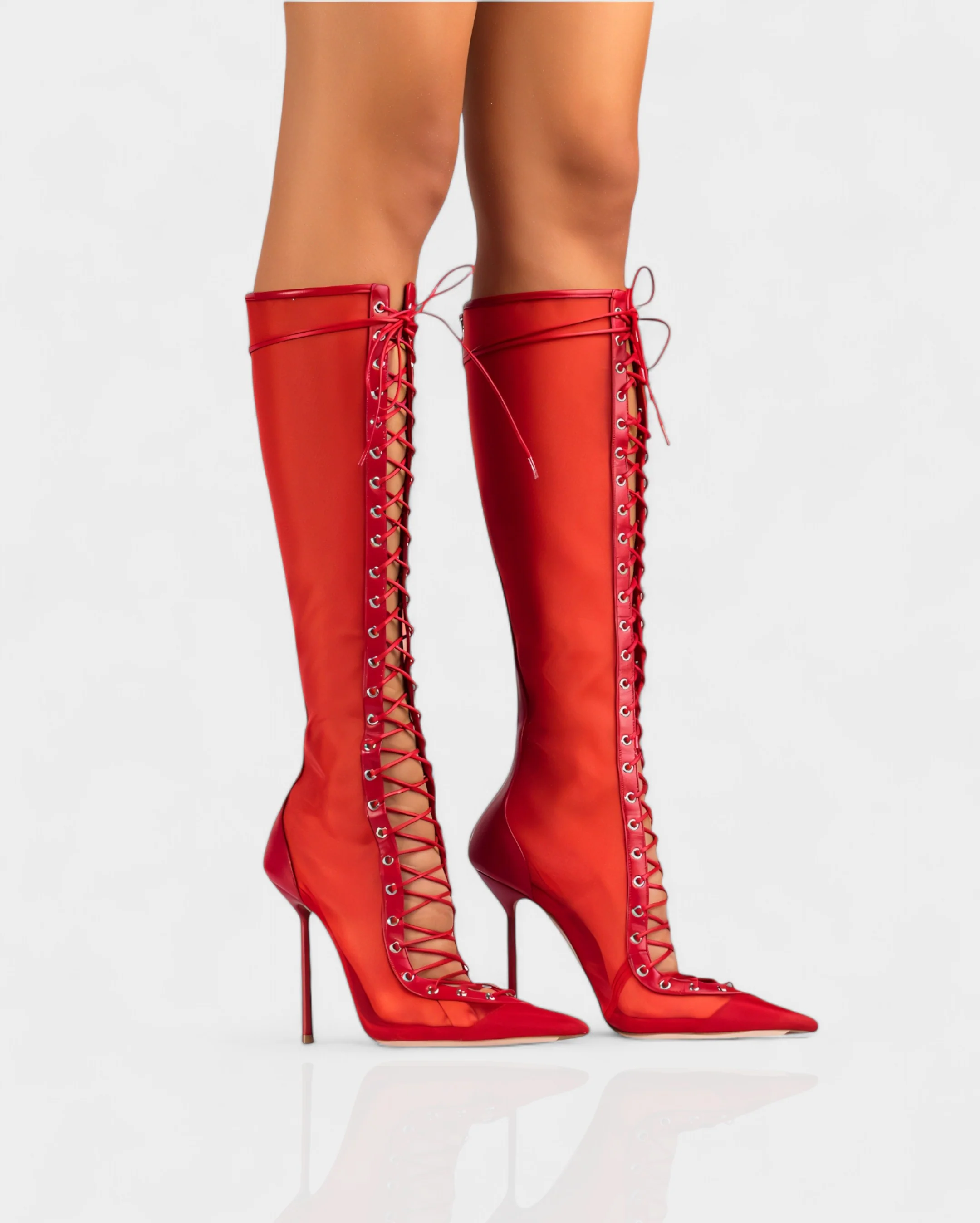 ESCAS Lace-Up Mesh Knee-High Stiletto Boots - Image 7