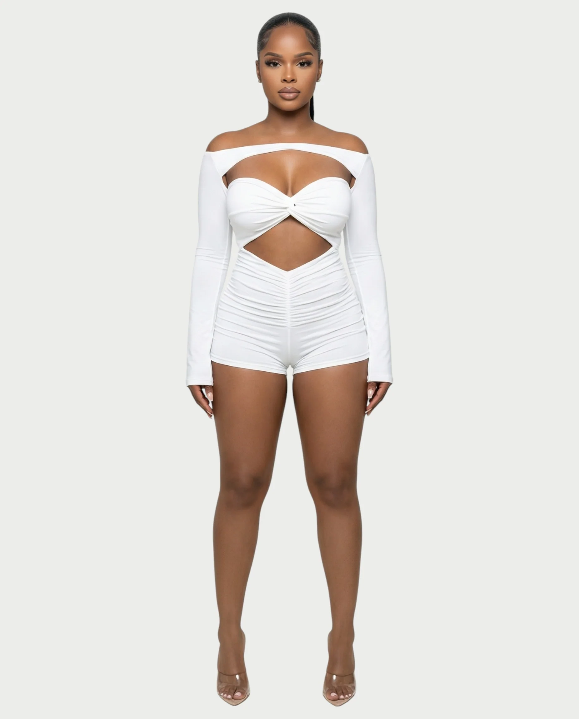 ESMERIA Off-Shoulder Cutout Ruched Romper