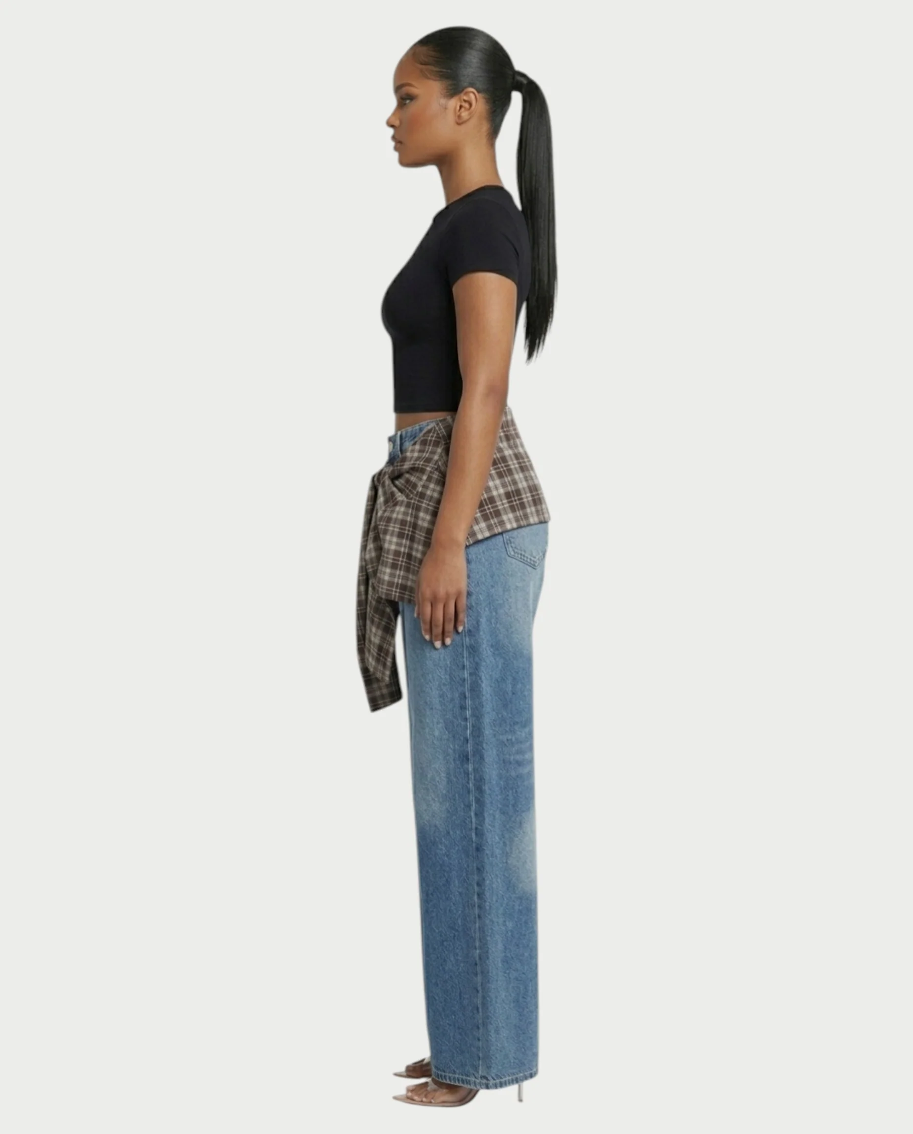ESSIA Plaid Waist Straight-Cut Denim Pants - Image 3