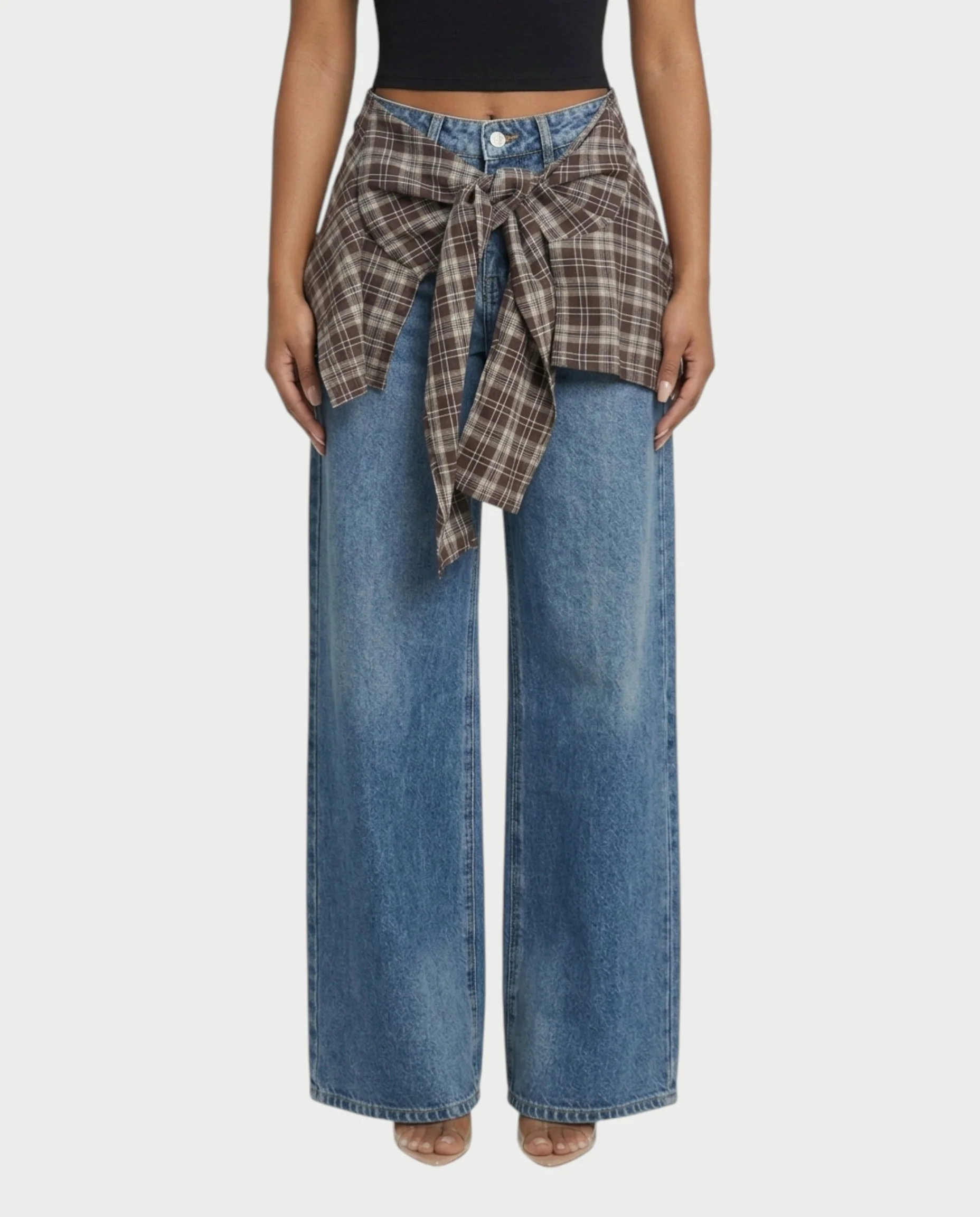 ESSIA Plaid Waist Straight-Cut Denim Pants - Image 4
