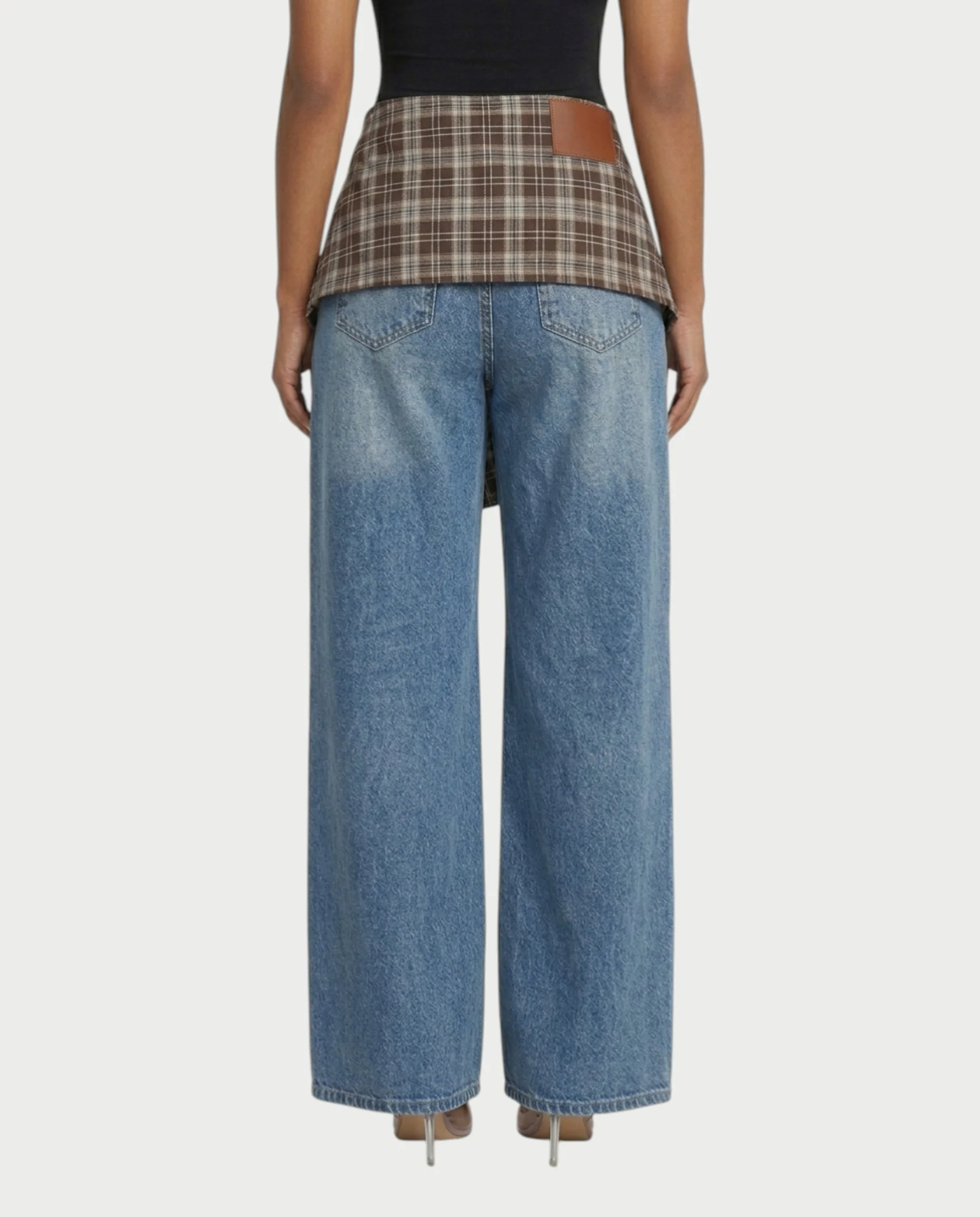 ESSIA Plaid Waist Straight-Cut Denim Pants - Image 5