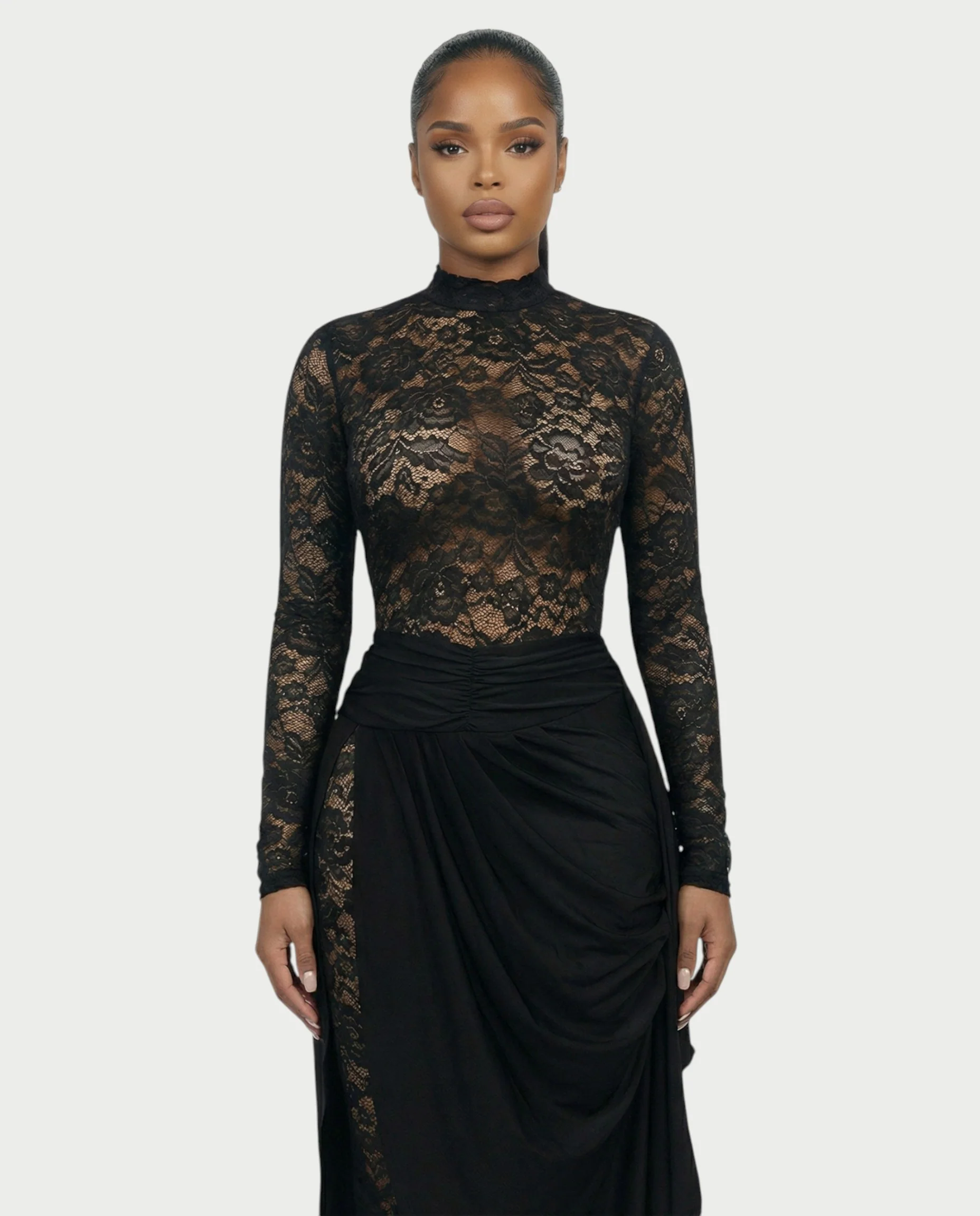 EVASYN Sheer Lace Jumpsuit & Wrap Skirt Set - Image 2