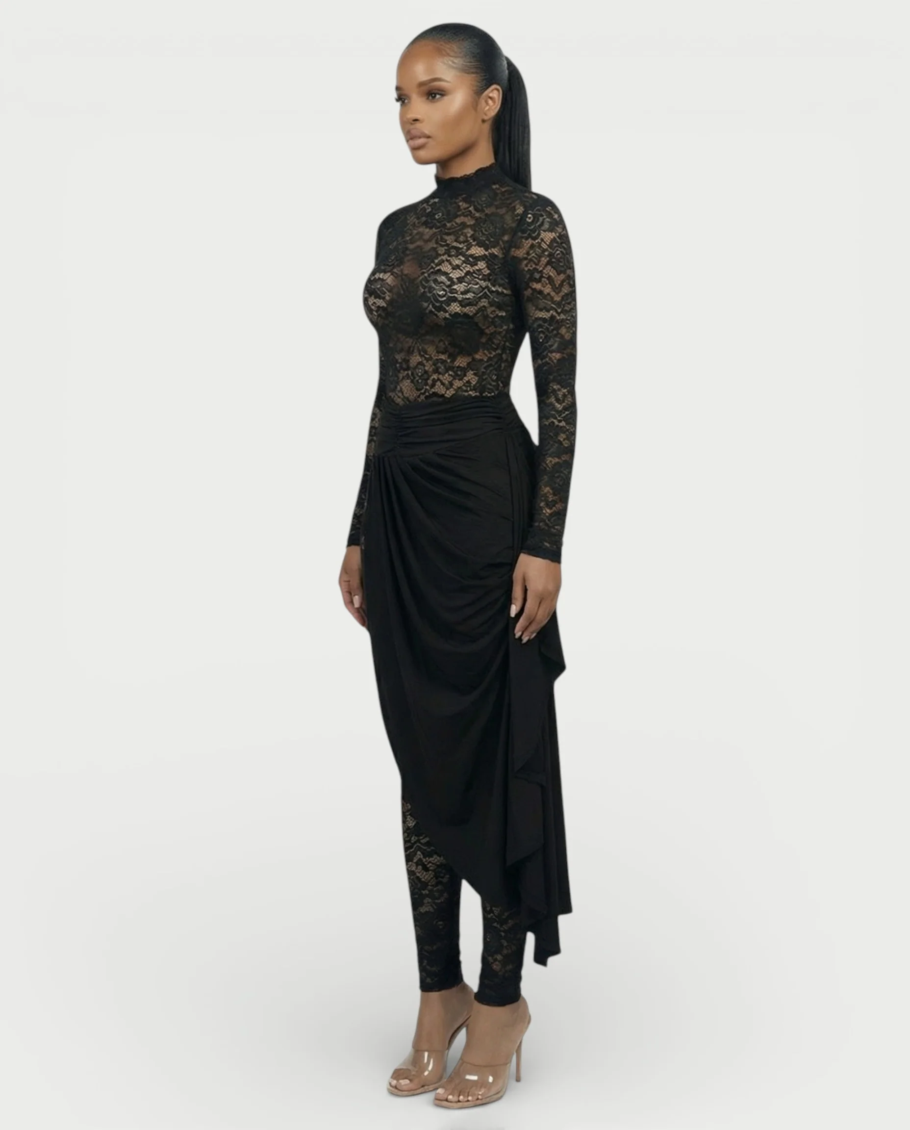 EVASYN Sheer Lace Jumpsuit & Wrap Skirt Set - Image 3