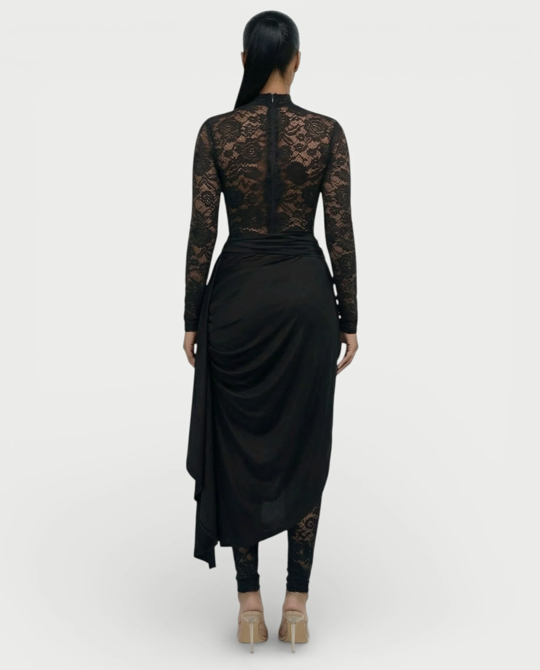 EVASYN Sheer Lace Jumpsuit & Wrap Skirt Set - Image 4