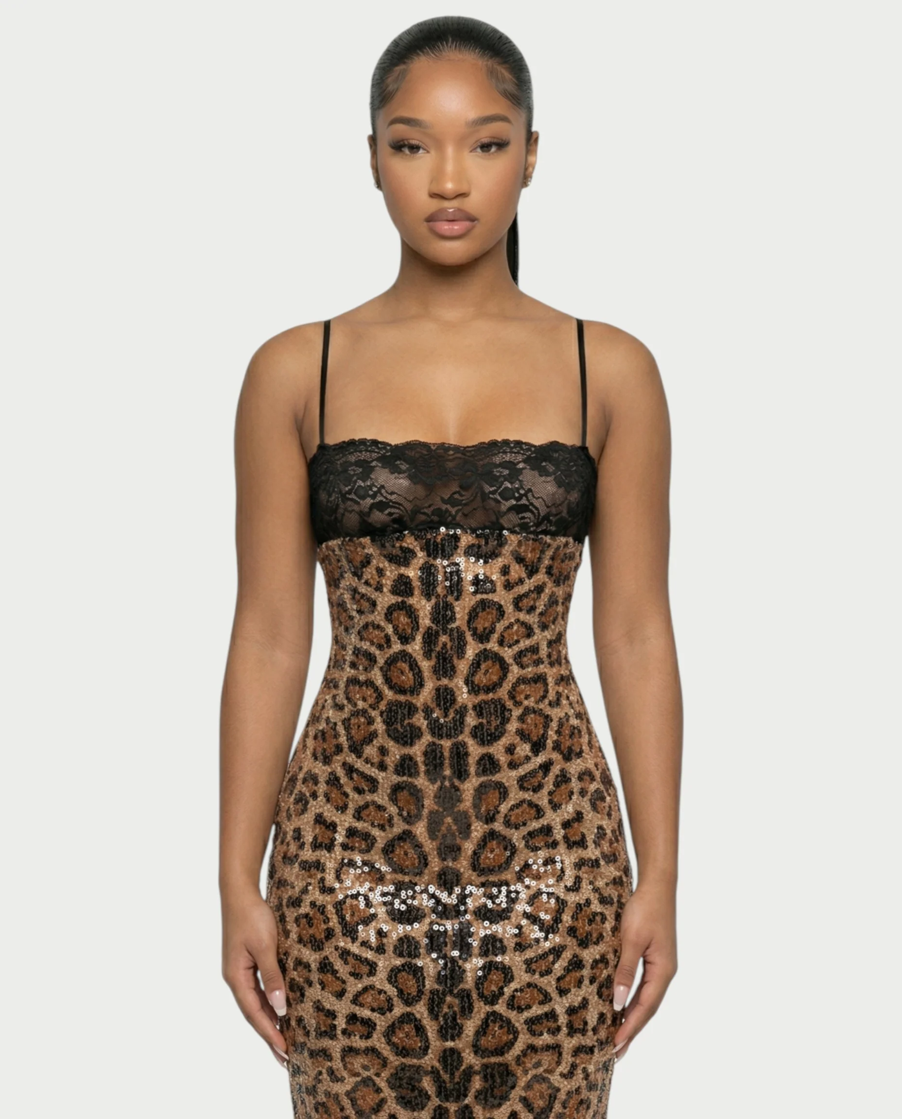EVORA Leopard Sequin Lace-Bust Midi Dress - Image 4