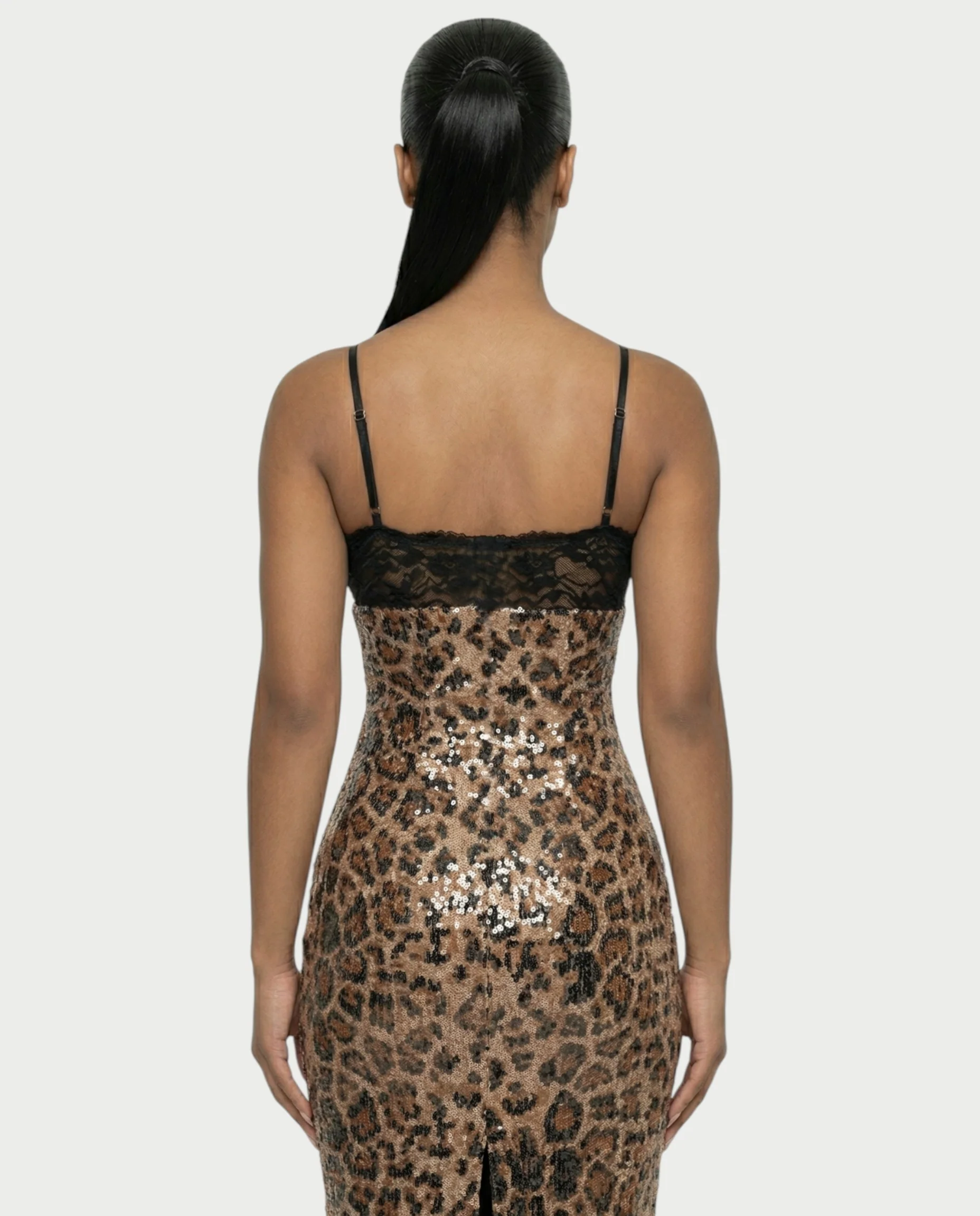 EVORA Leopard Sequin Lace-Bust Midi Dress - Image 5
