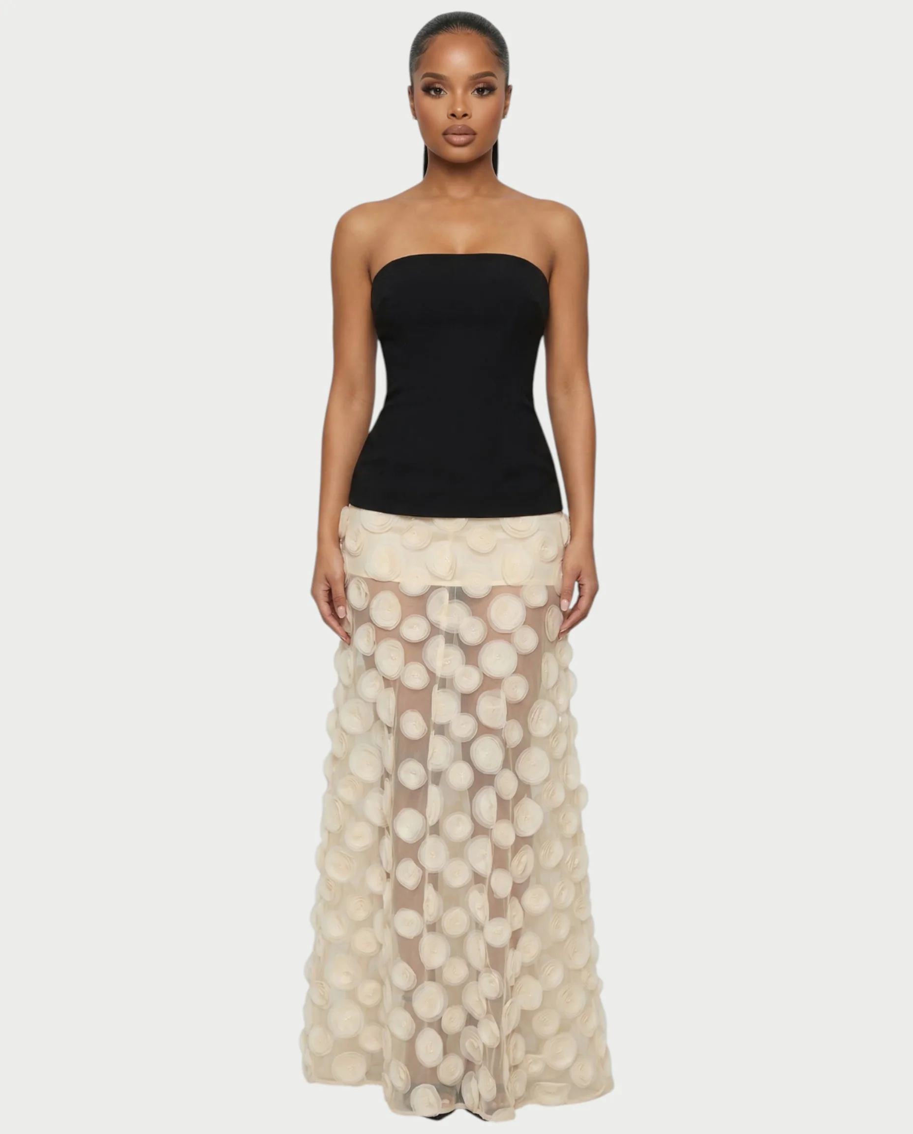 FAUNA Strapless Sheer Appliqué Maxi Dress