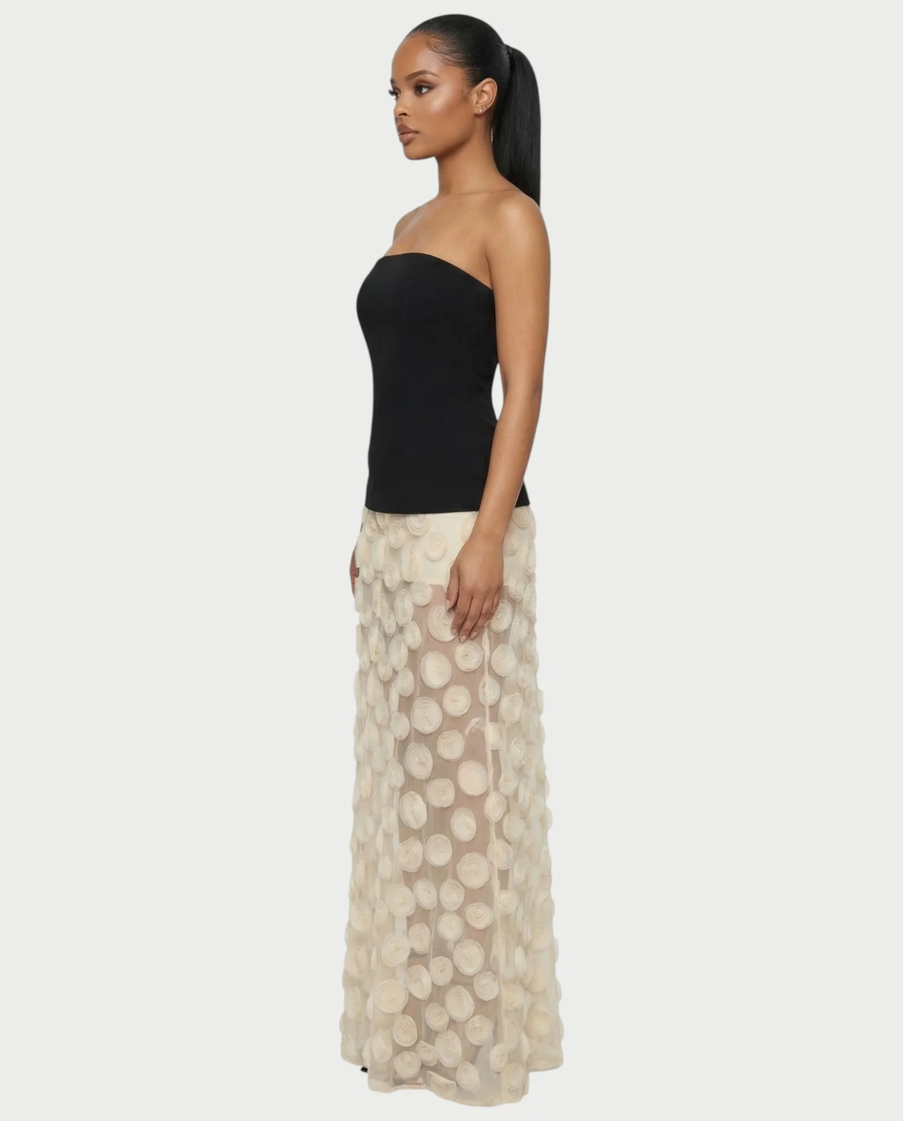 FAUNA Strapless Sheer Appliqué Maxi Dress - Image 3