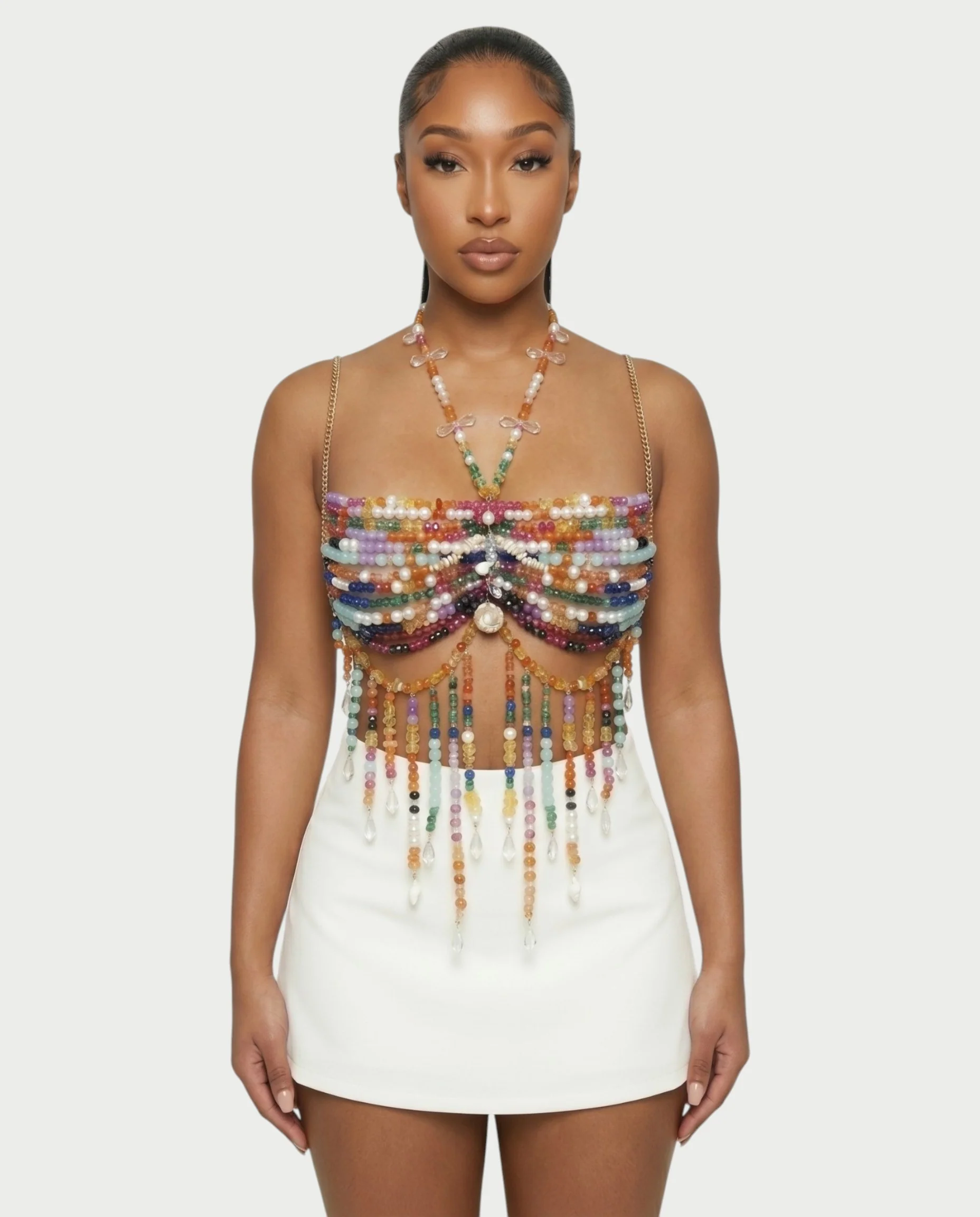 FAVINA Beaded Fringe Chain Strap Bralette Top