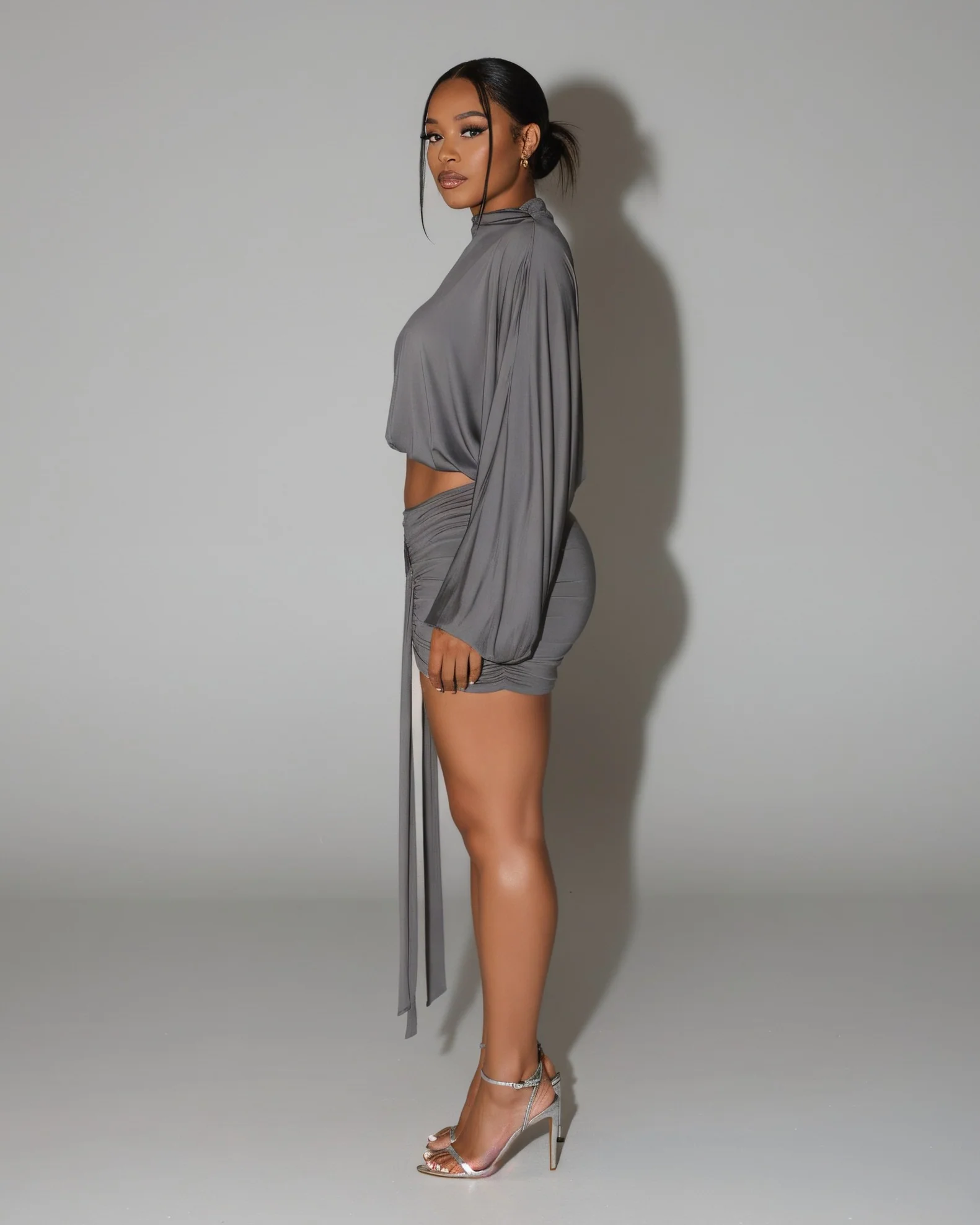 FINNA One-Sleeve Turtleneck Top & Ruched Skirt Set - Image 3