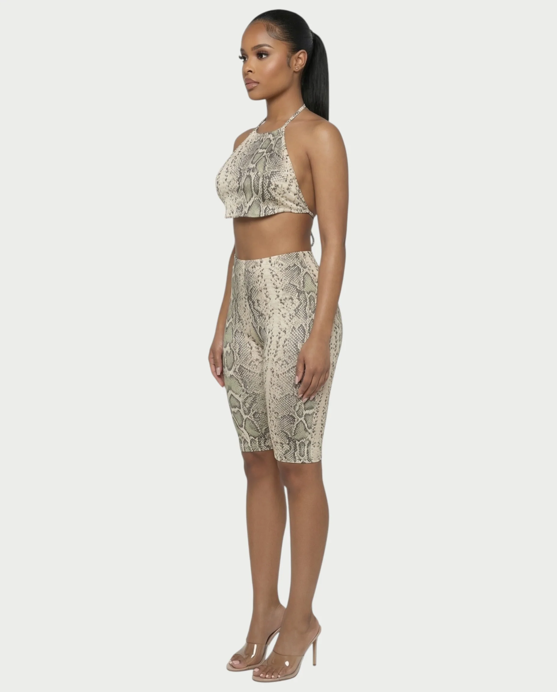 FLORA Snake Print Halter Crop Top & Capri Pants Set - Image 3