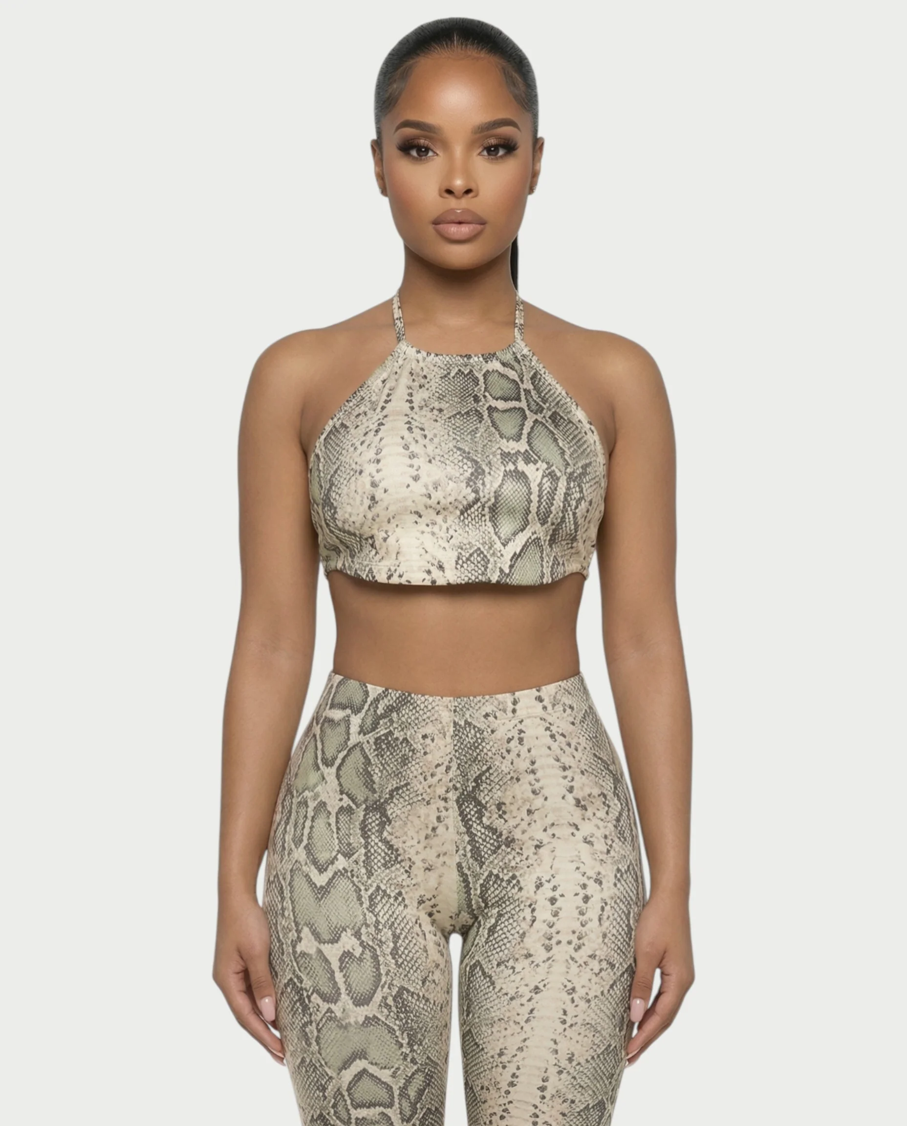 FLORA Snake Print Halter Crop Top & Capri Pants Set - Image 5