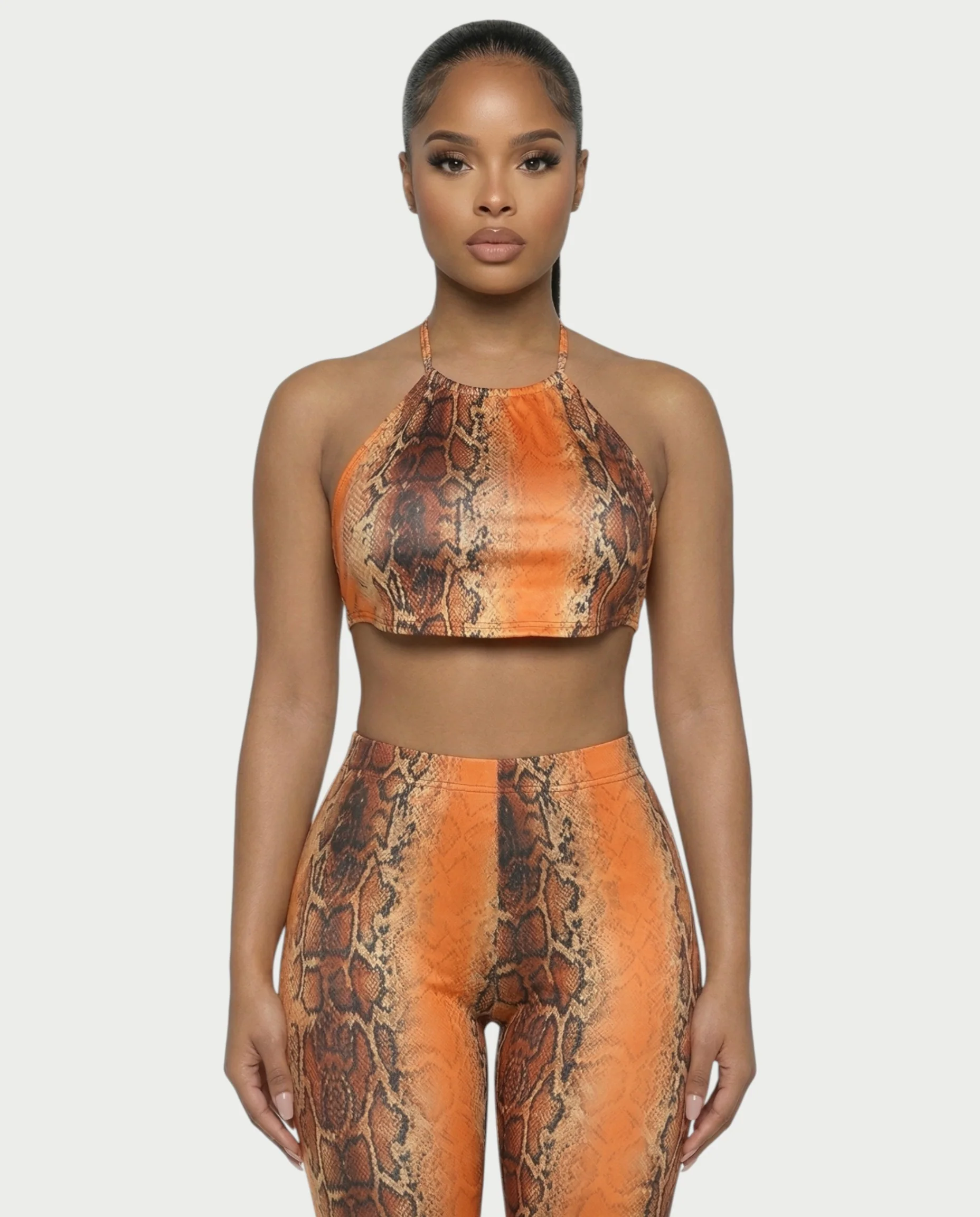 FLORA Snake Print Halter Crop Top & Capri Pants Set - Image 9