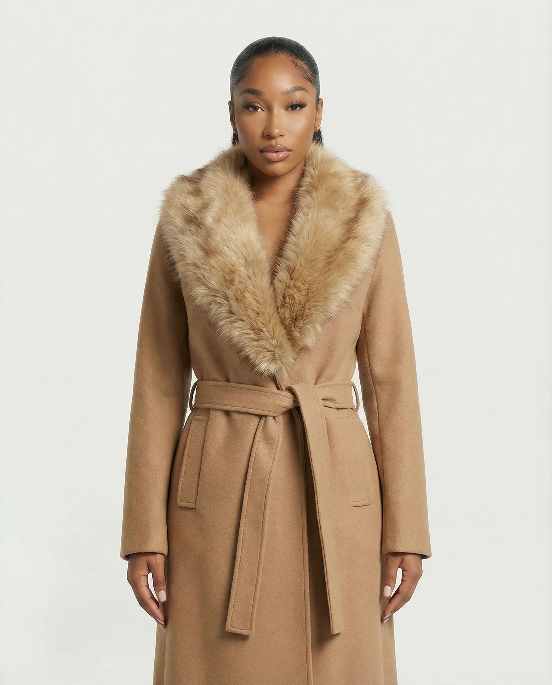 FLORINA Faux Fur Collar Wool Trench Coat - Image 2