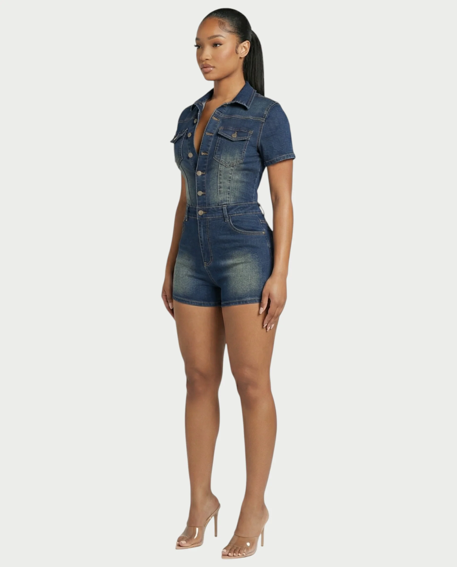 FRANCE Collared Button-Up Denim Jumpsuit - Image 3