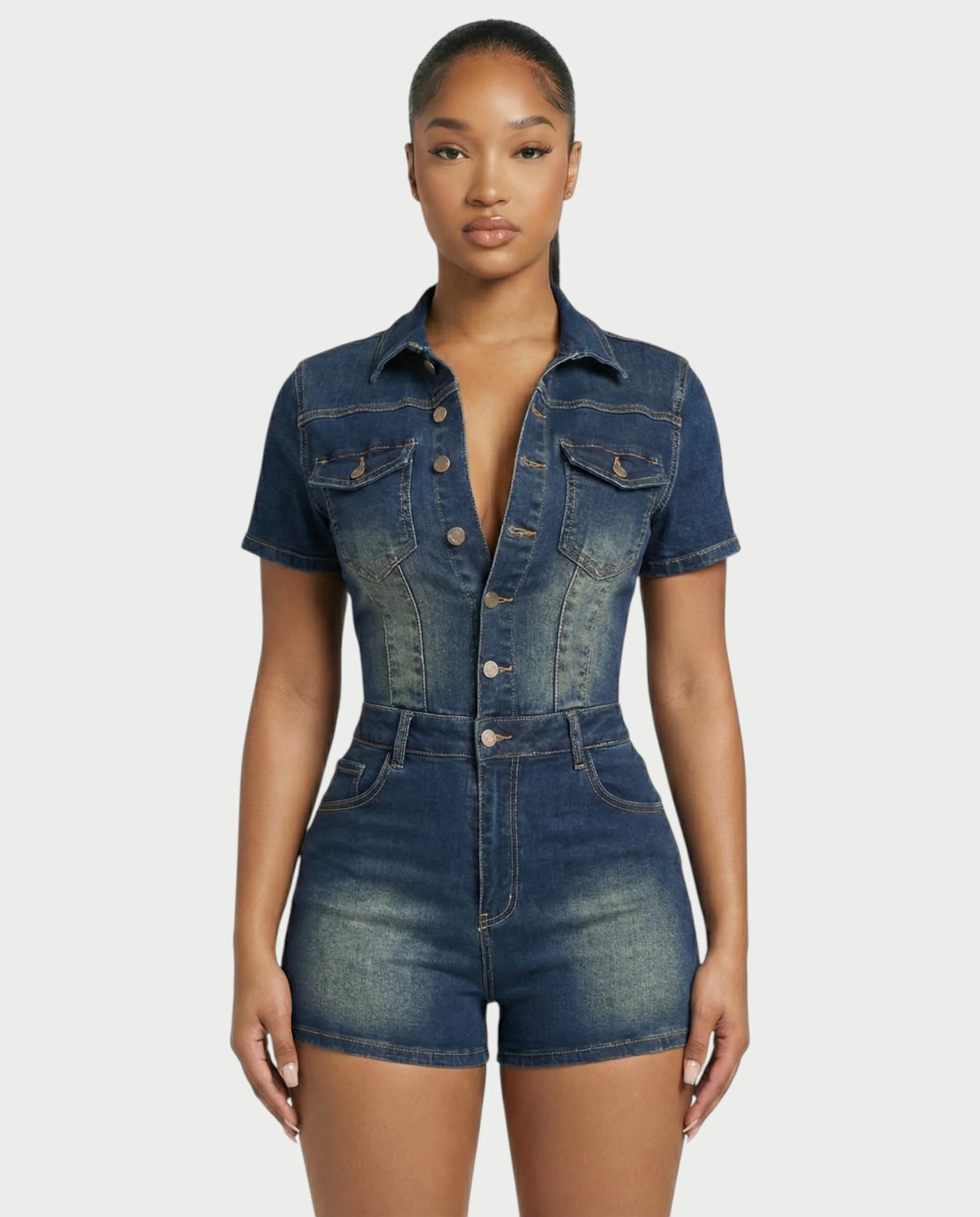 FRANCE Collared Button-Up Denim Jumpsuit - Image 4