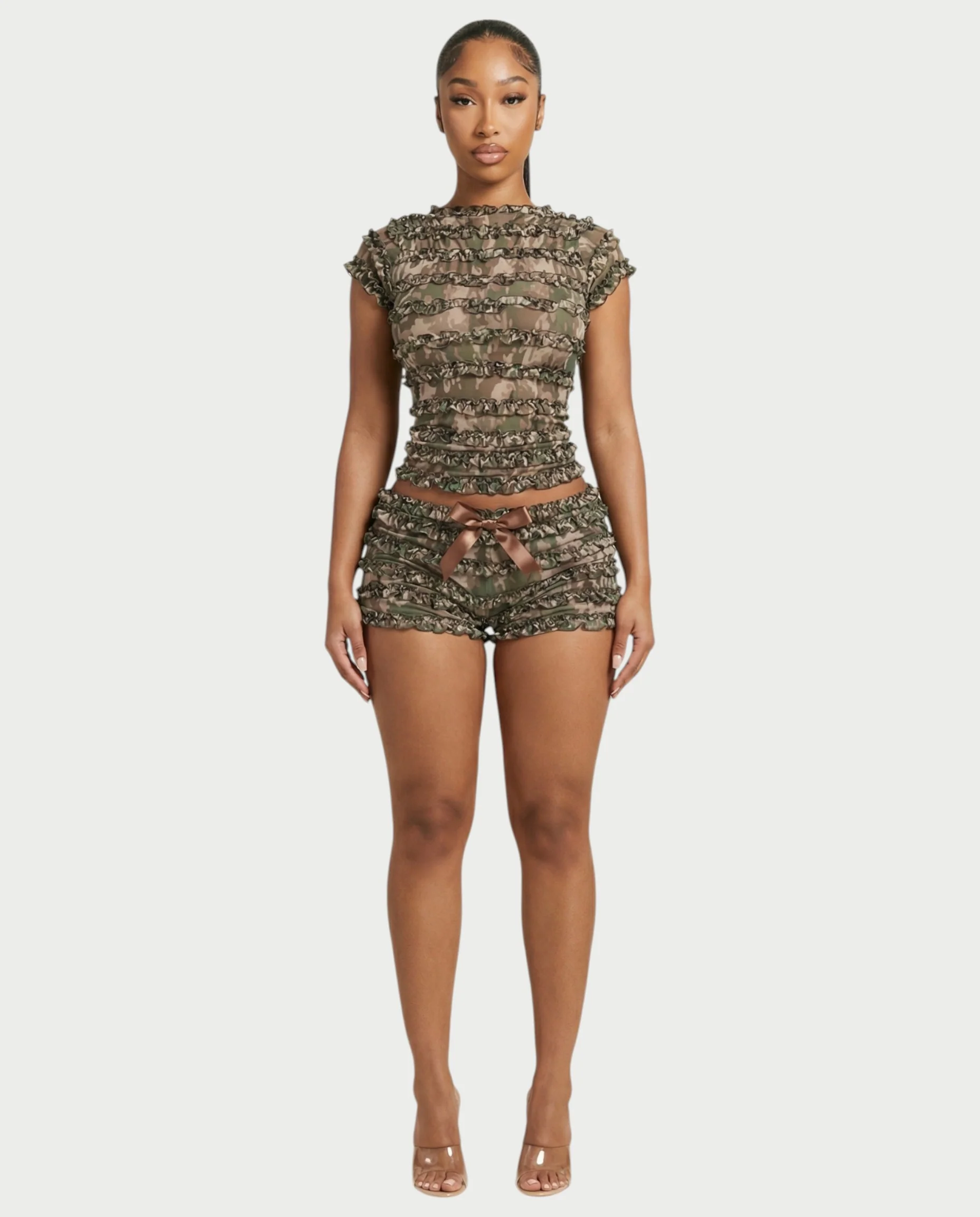 GALENA Ruffle Lace-Up Back Crop Top & Shorts Set