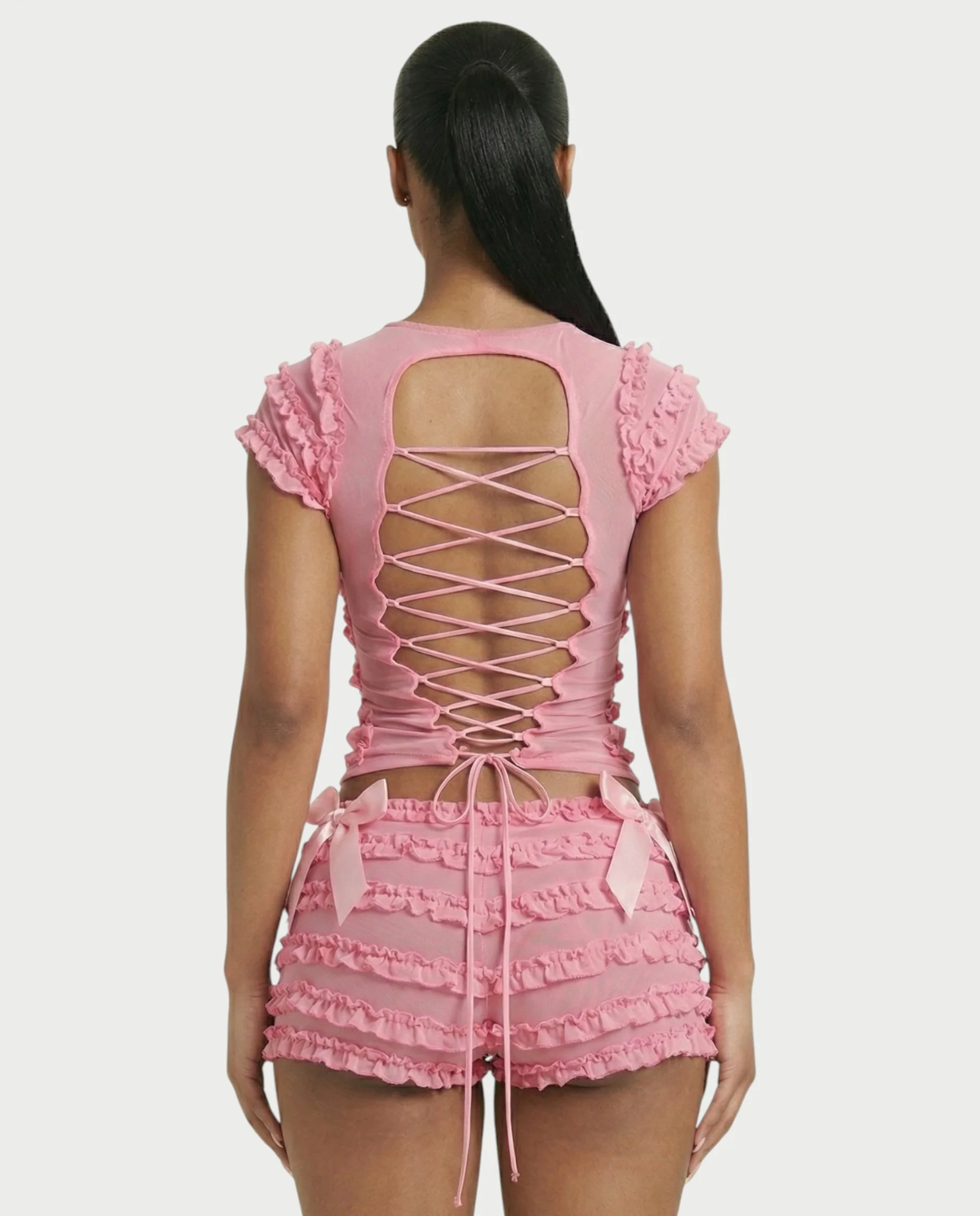 GALENA Ruffle Lace-Up Back Crop Top & Shorts Set - Image 10