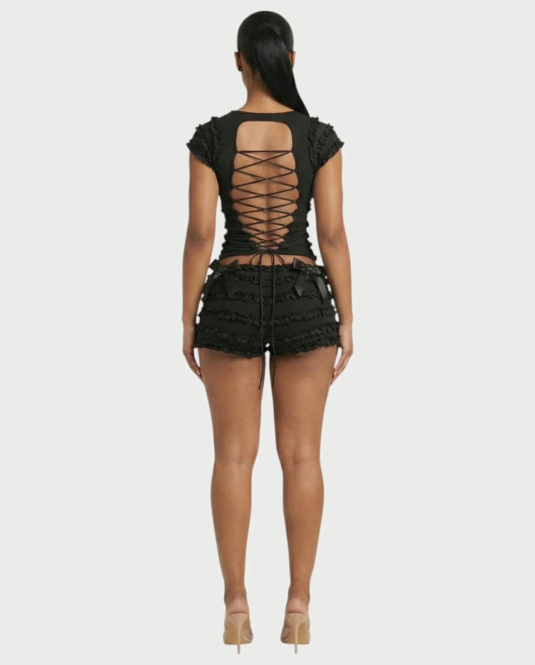 GALENA Ruffle Lace-Up Back Crop Top & Shorts Set - Image 12