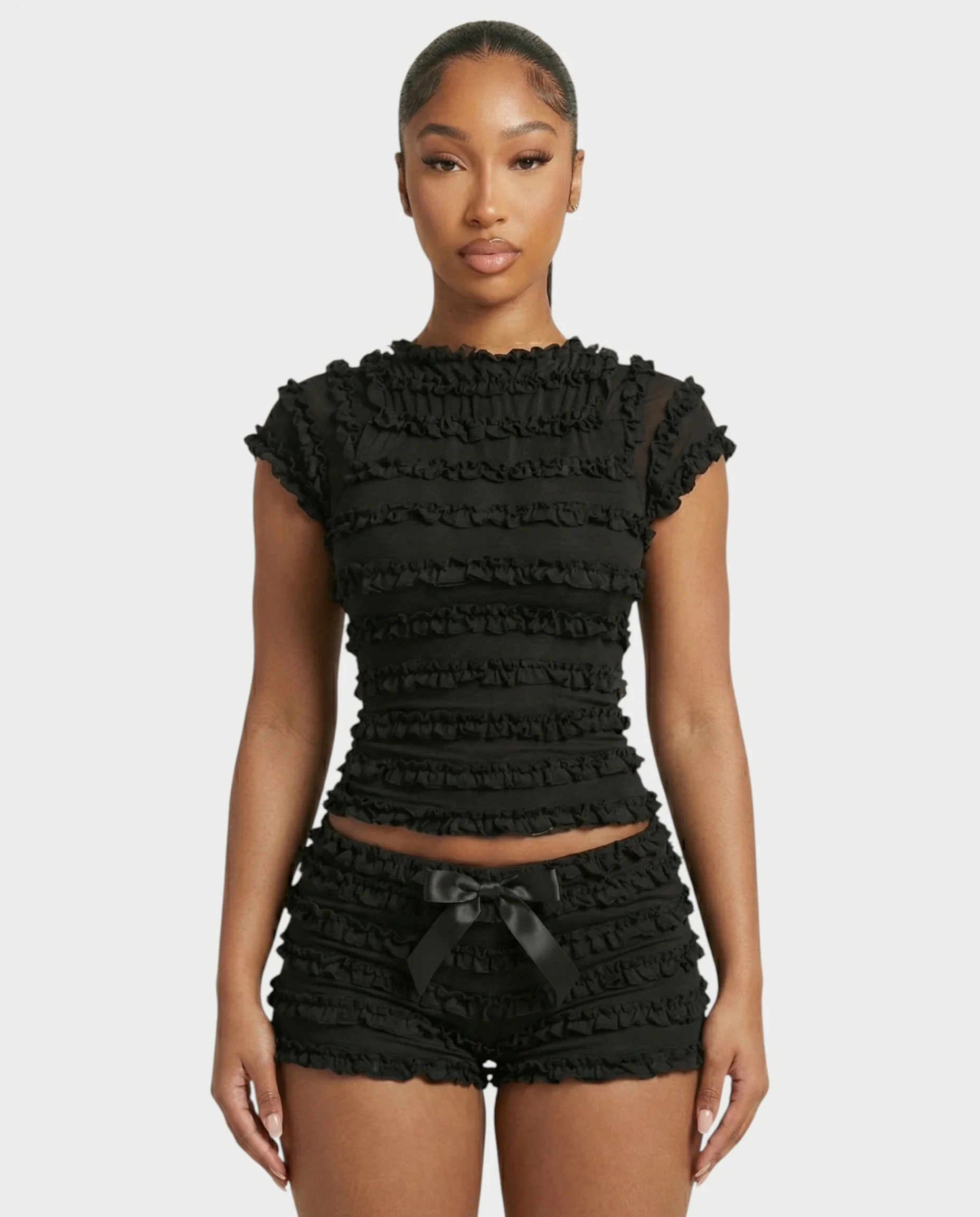 GALENA Ruffle Lace-Up Back Crop Top & Shorts Set - Image 14