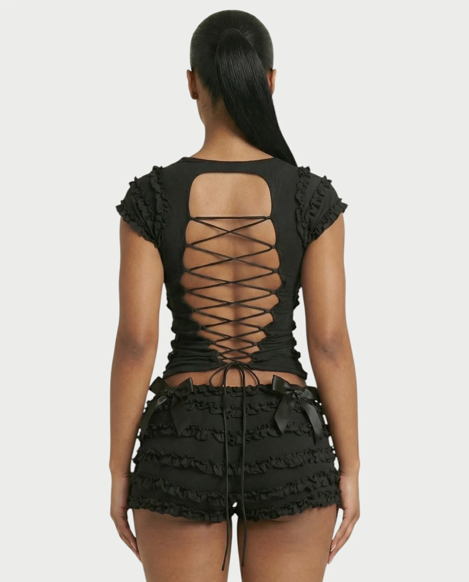 GALENA Ruffle Lace-Up Back Crop Top & Shorts Set - Image 15