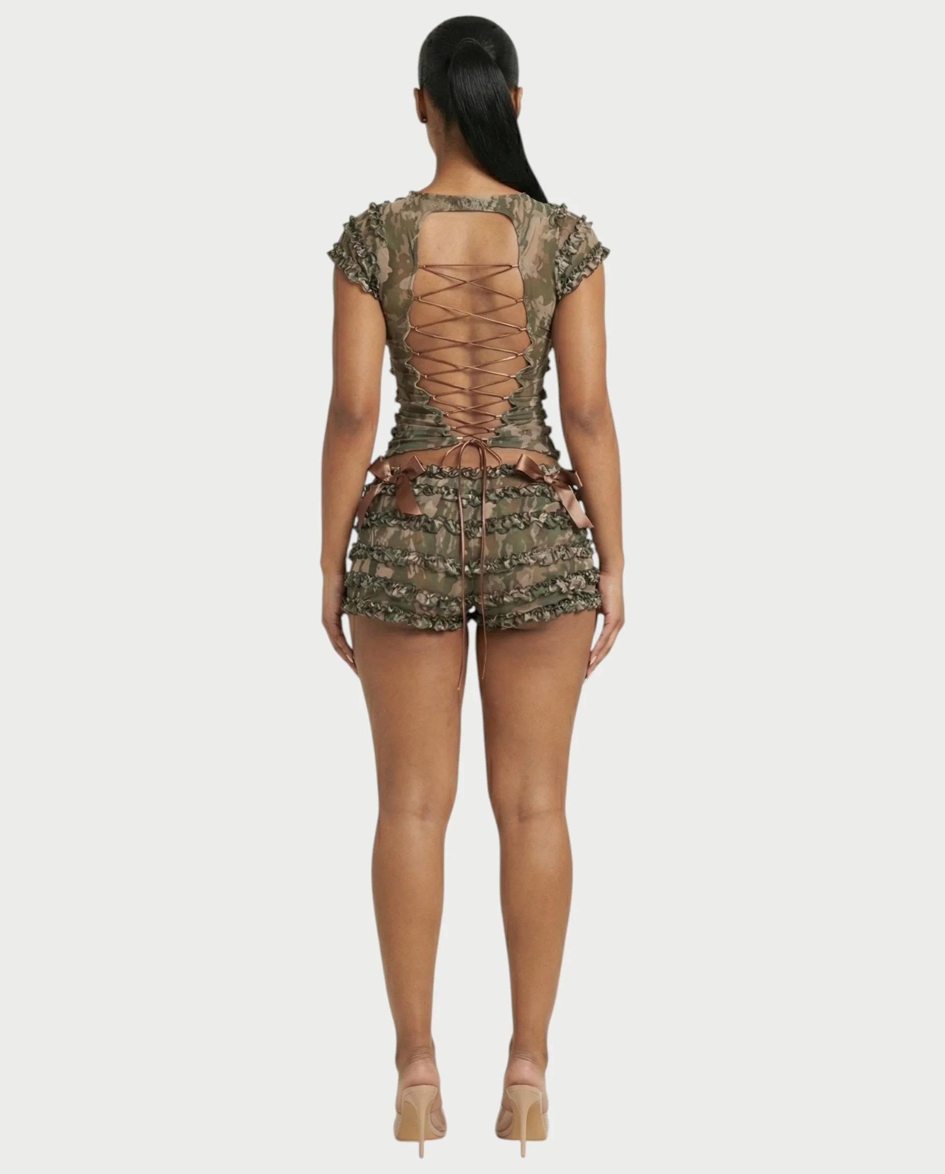 GALENA Ruffle Lace-Up Back Crop Top & Shorts Set - Image 2